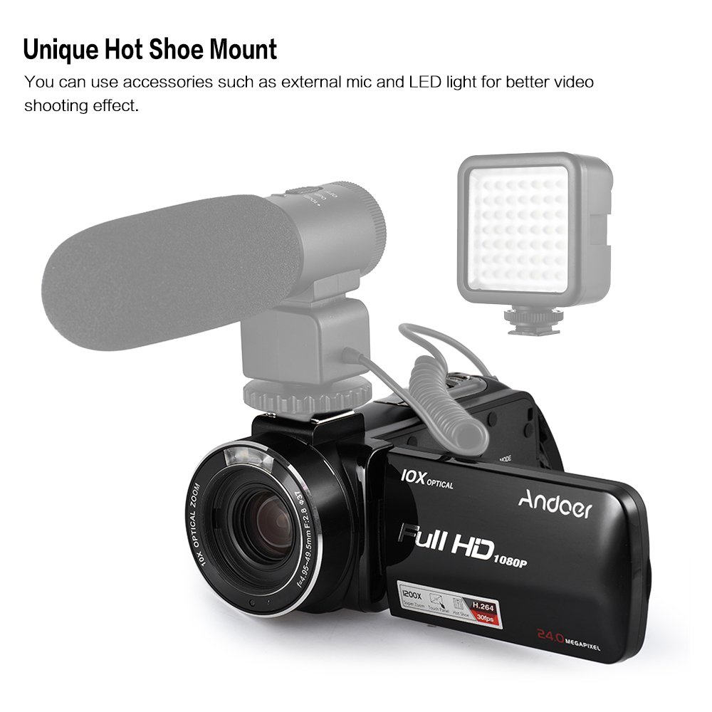 Andoer 1080P HD 24MP Digital Video Camera Camcorder with 0.39X Wide Angle Lens & Macro Lens, 3