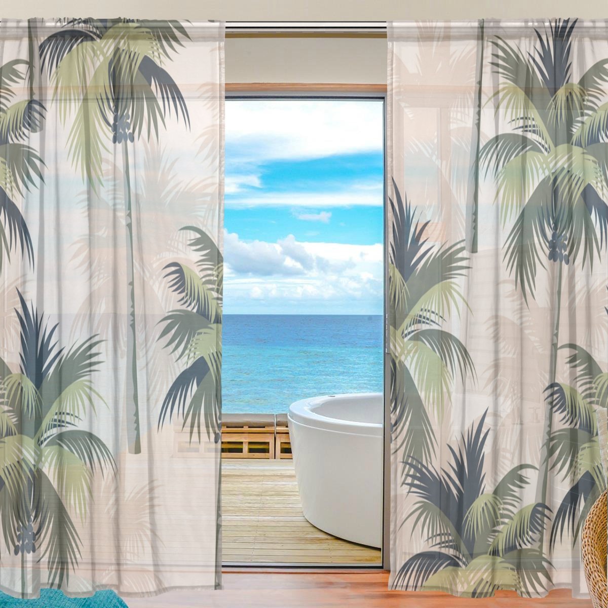 SAVSV Sheer Tropical Plant Curtains 55x84 Inch, Set of 2 for Living Room & Bedroom