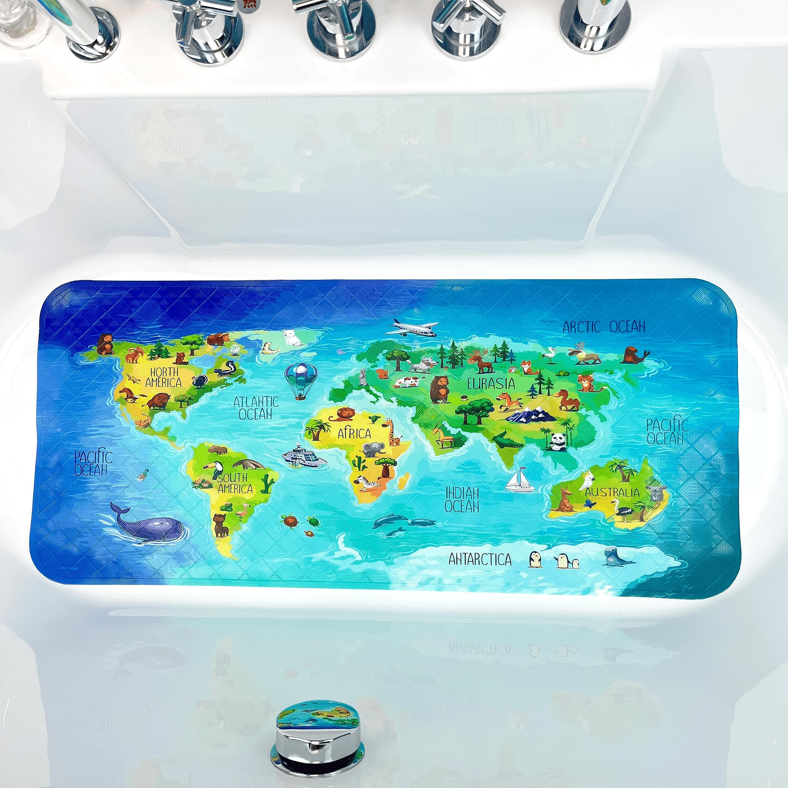 Non-Slip Cartoon Kids Bath Mat - Extra Large 35x16 Inch Bathtub Mat, Anti-Slip Shower Floor Mat for Bathroom Safety - Perfect for Kids' Bath Time Fun & Bathroom Decor (Map Design)