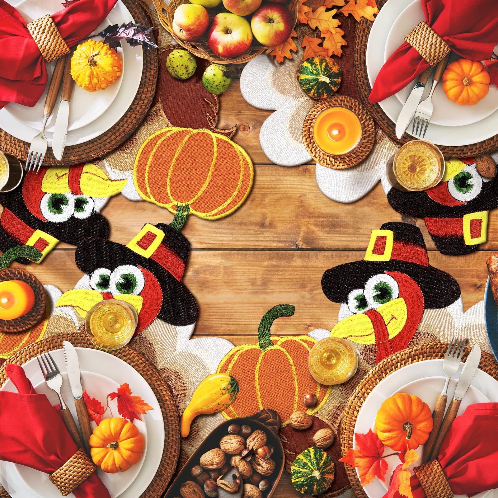 6-Piece Embroidered Turkey Placemats Set - 14x14 Inch Thanksgiving Table Decor for Home, Kitchen & Dining - Fall Harvest Autumn Decorations - Perfect for Holiday Gatherings & Seasonal Celebrations
