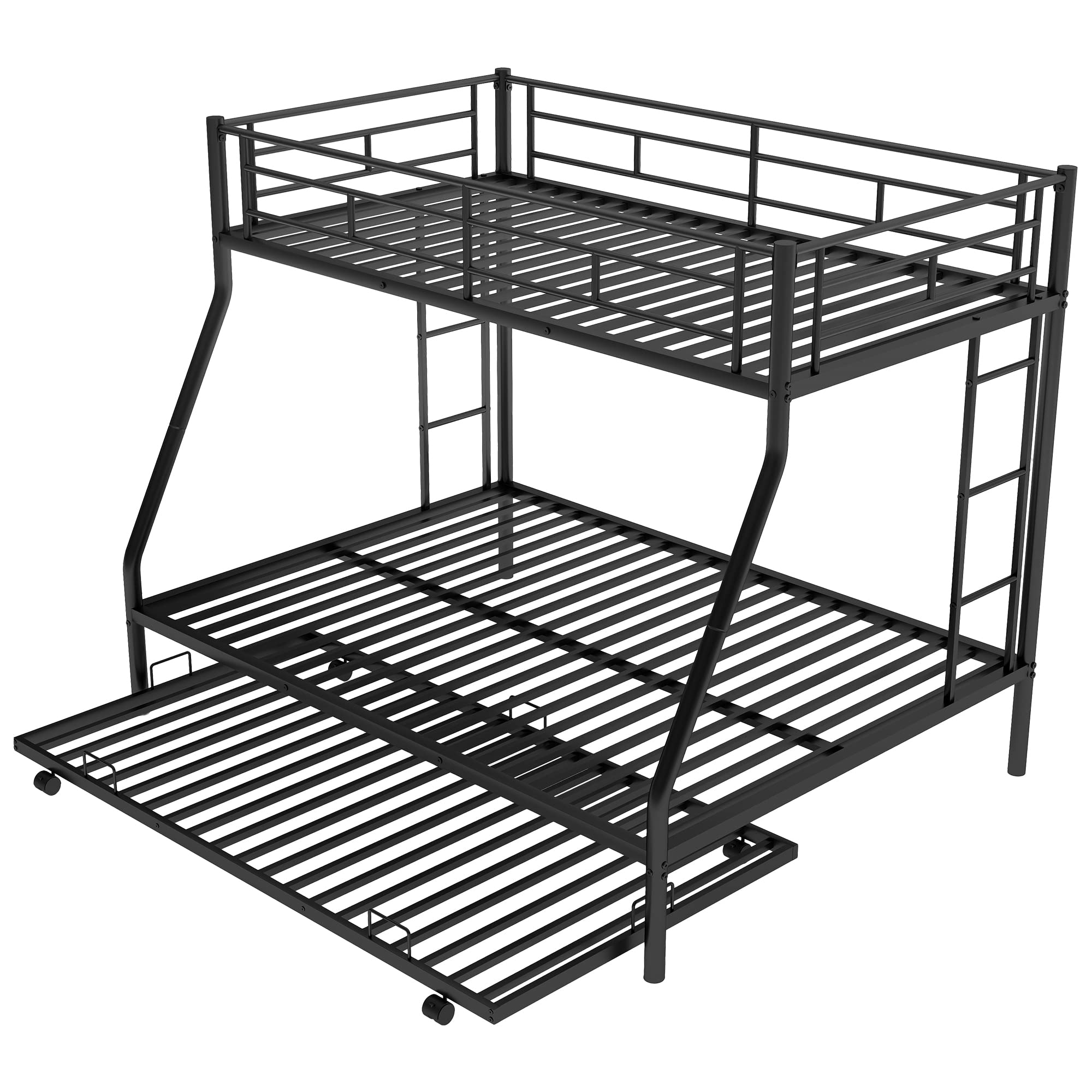 Harper & Bright Designs Low Bunk Beds Twin Over Full Size - Sturdy Metal Bunk Bed with Twin Trundle, No Box Spring Required (Black) - Perfect for Kids' Bedrooms, Guest Rooms & Small Spaces