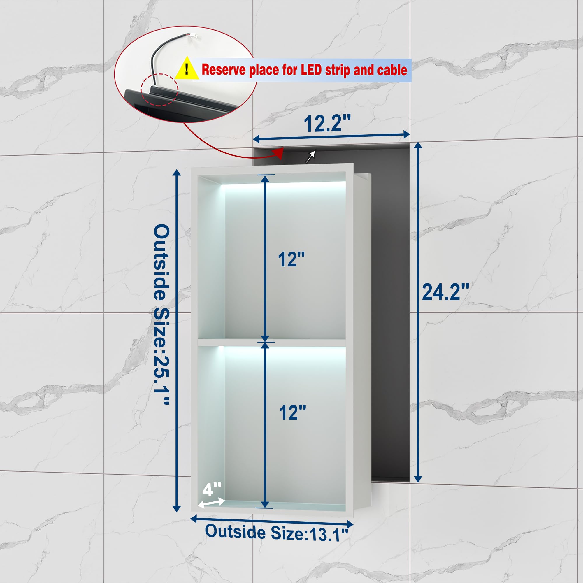 2-Tier 12x24 Inch Wall Niche with RGB LED Light Strips - White Waterproof Shower Niche Cabinet - Stainless Steel Bathroom Shelf - No Tile Needed Recessed Storage Organizer - Perfect for Bathroom, Shower, and Spa Organization
