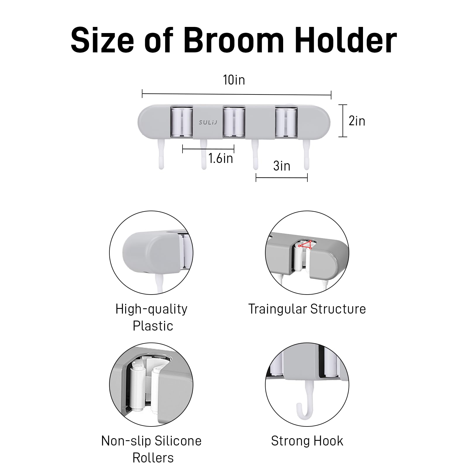 Heavy Duty Broom Holder with 3 Slots & 4 Hooks - Wall Mounted Garden Tool Organizer for Home, Laundry Room, Kitchen, Closet, Shed & Garage Storage - Space Saving Grey Broom Hanger for Mops, Rakes & Cleaning Supplies