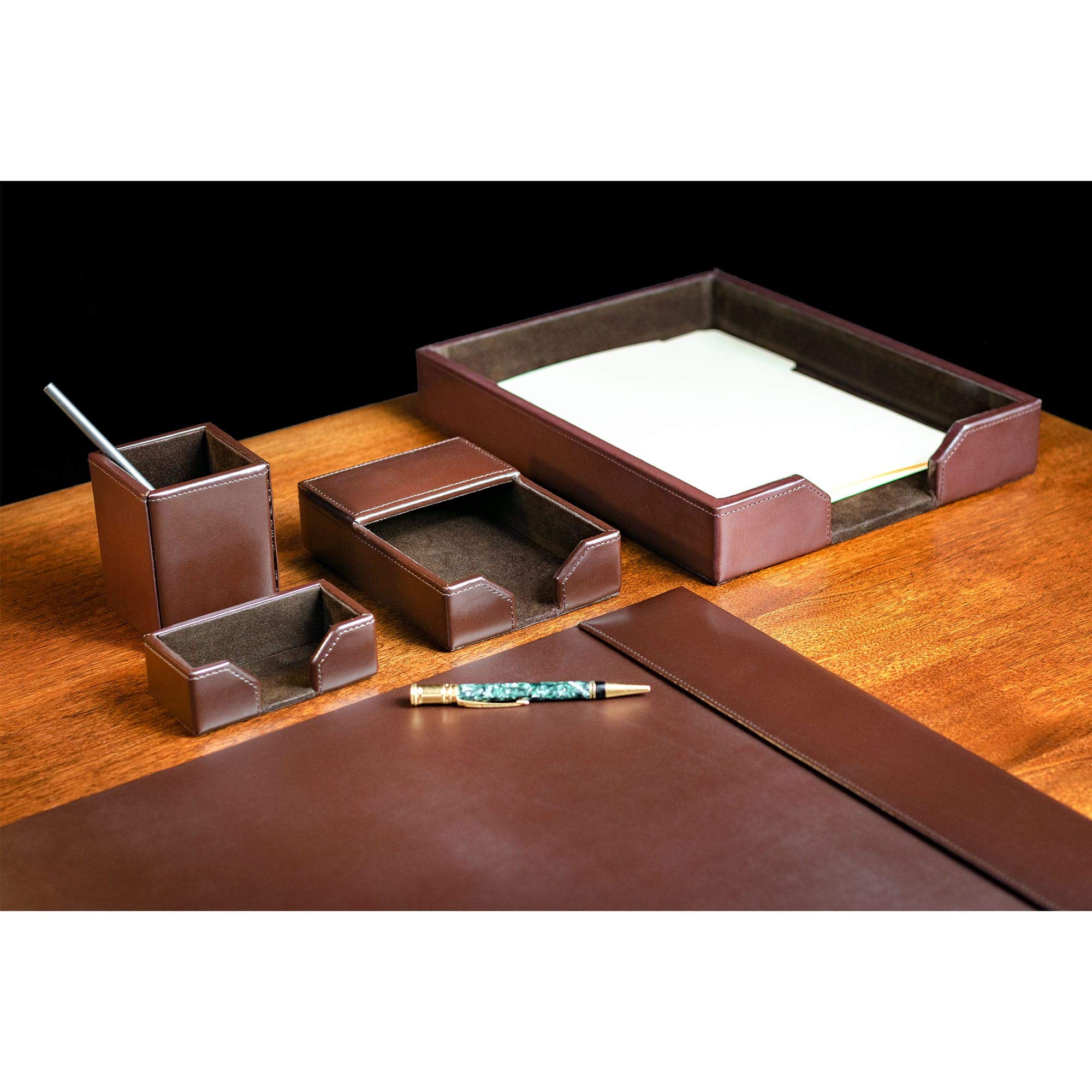 Premium Dacasso Bonded Leather Desk Set - 5-Piece Dark Brown Office Organizer with Leather Desk Pad, Pen Holder & Accessories - Perfect for Executive Desks, Home Offices & Professional Workspaces