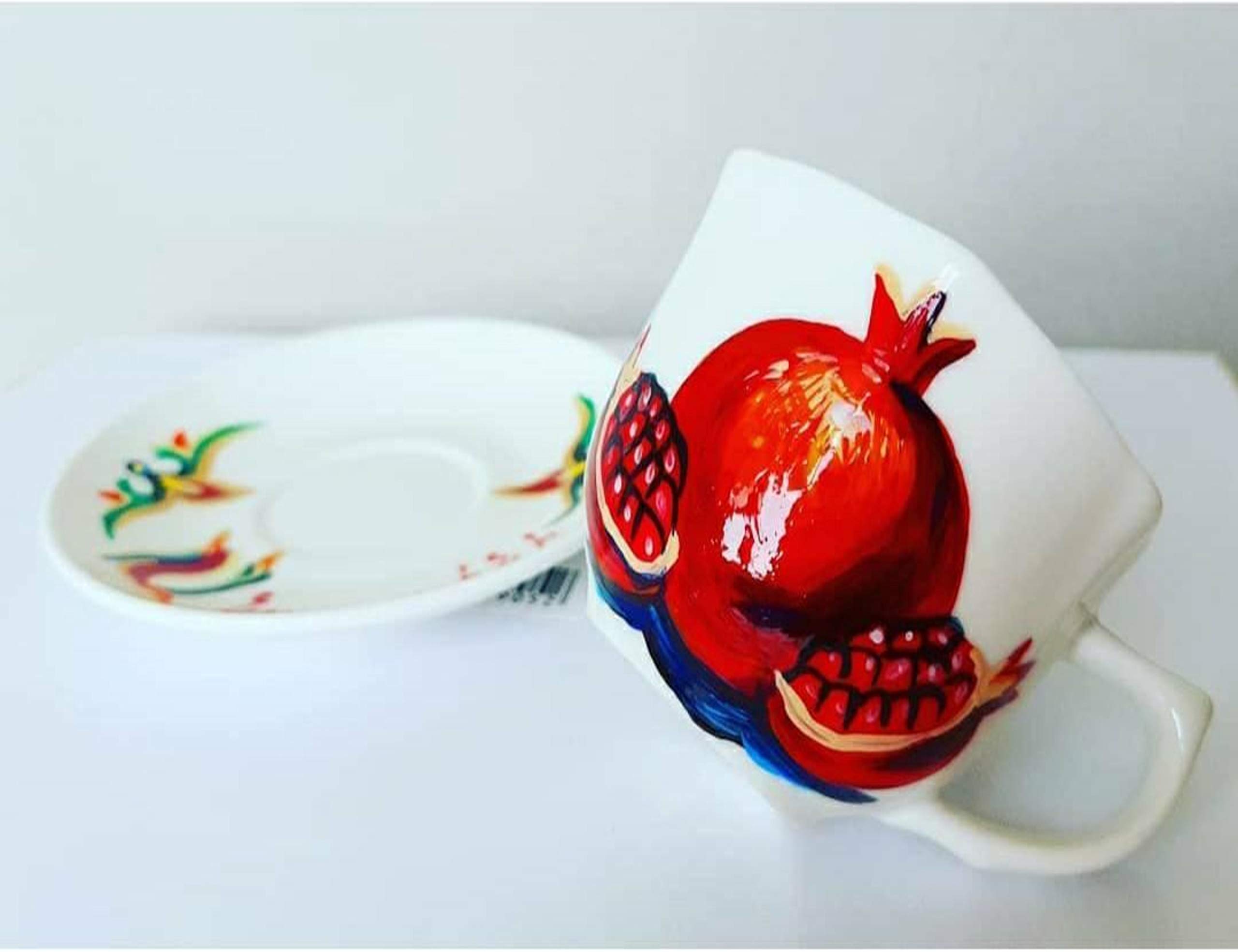 Armenian Style Ceramic Coffee & Tea Cups Set of 6 - Handcrafted Traditional Pomegranate Design - Perfect for Turkish Coffee, Espresso & Tea - Great Housewarming & Cultural Gift Idea for Coffee Lovers