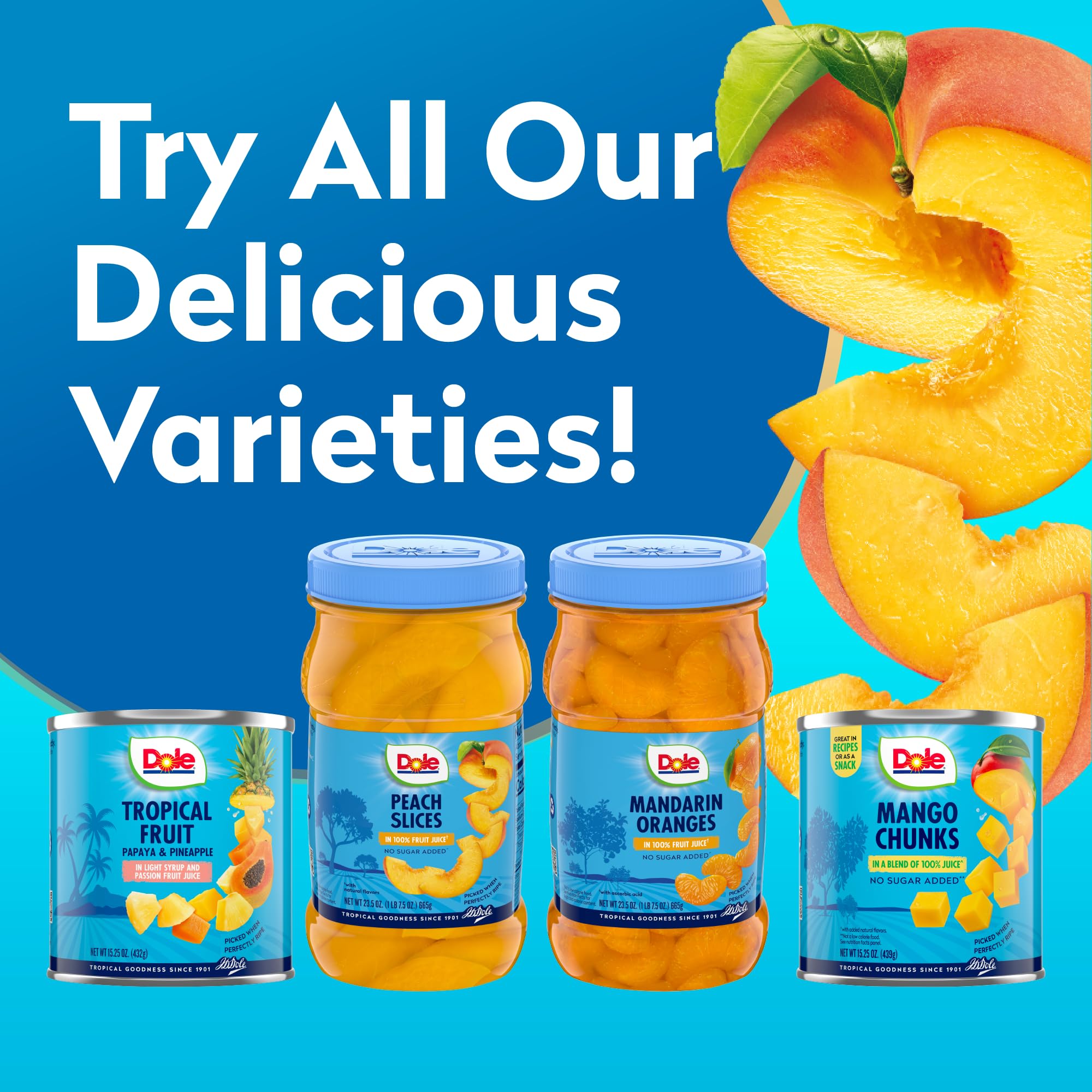 Dole Yellow Cling Sliced Peaches in 100% Fruit Juice - 23.5 Oz Resealable Jar - Gluten Free, No Sugar Added, Pantry Staple - Perfect for Snacks, Smoothies & Fruit Salads