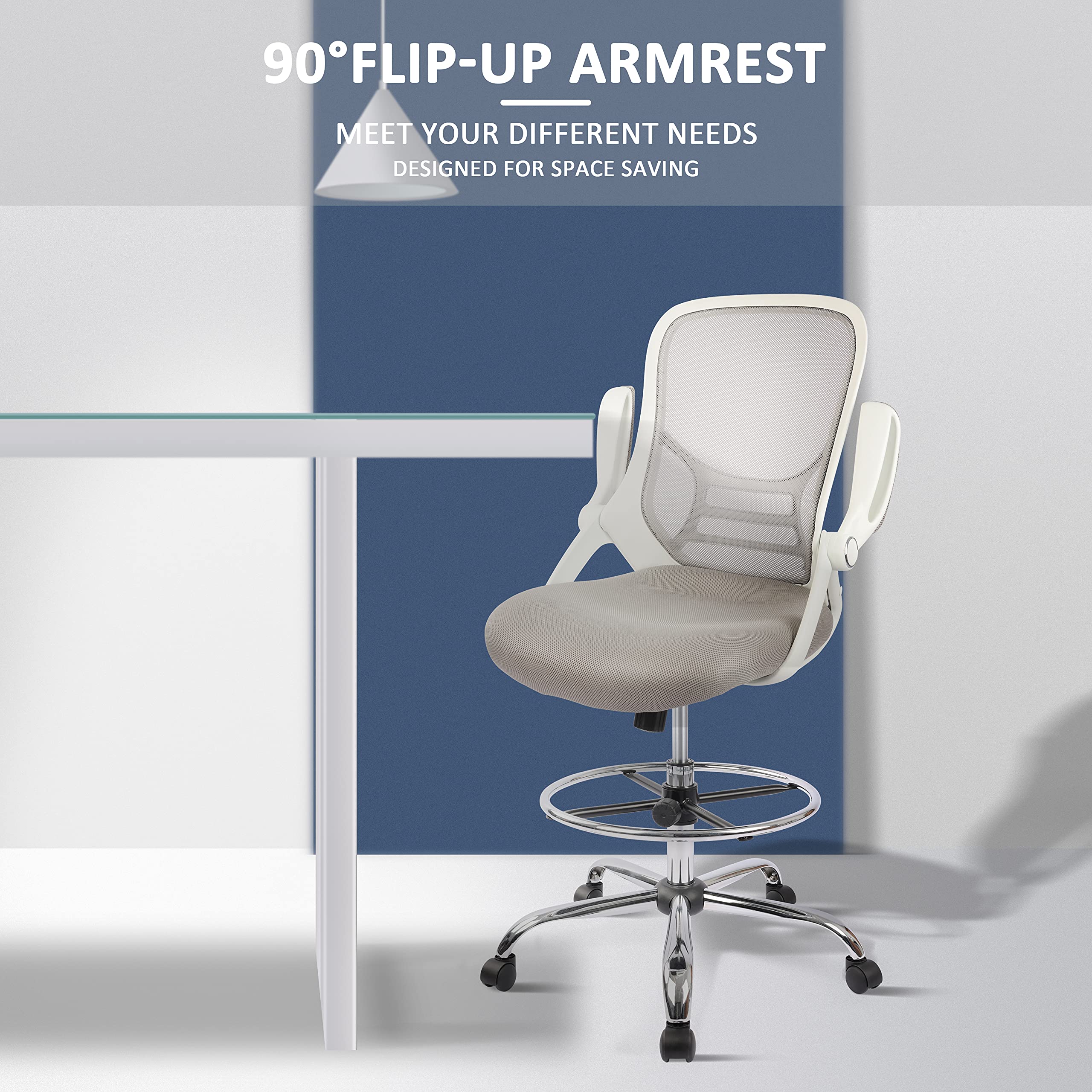 HYLONE Adjustable Drafting Chair - Ergonomic Tall Office Chair with Flip-Up Arms, Mesh High Back & Foot Ring for Standing Desks - White & Grey - Perfect for Architects, Artists & Home Office Workspaces