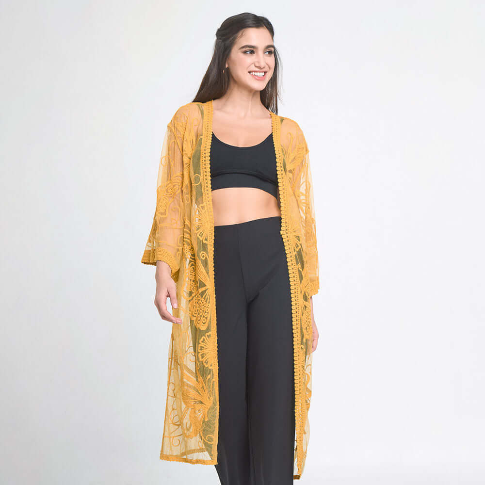 Yellow Mustard Butterfly Lace Kimono Cover Up - Beach Poncho for Women, Summer Boho Chic Swimwear Coverup, Perfect for Poolside, Vacation & Music Festivals