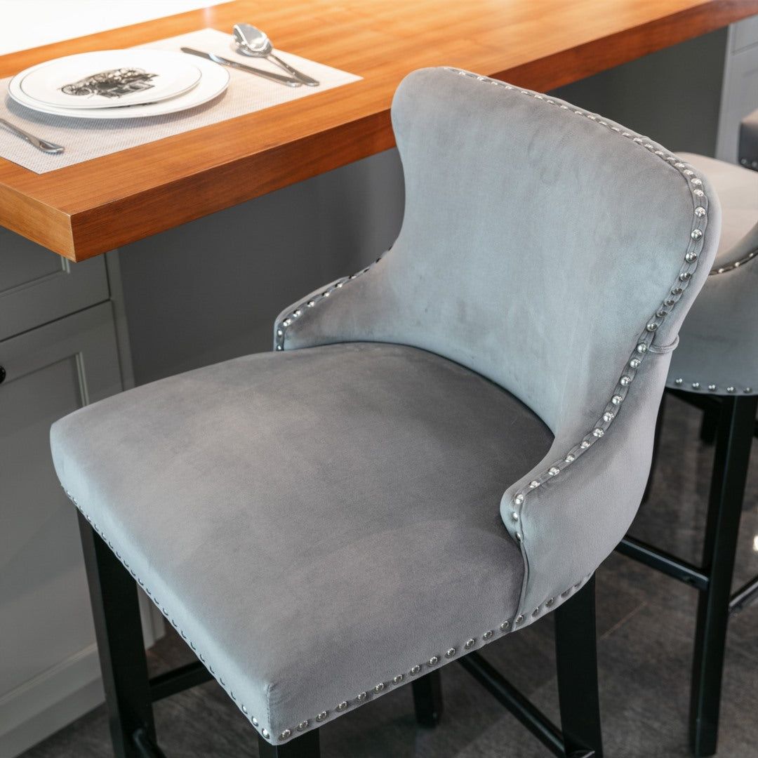 Velvet Upholstered Button Tufted Bar Stools with Wood Legs - Set of 4 Grey Barstools for Kitchen Island, Breakfast Nook & Home Bar Decor
