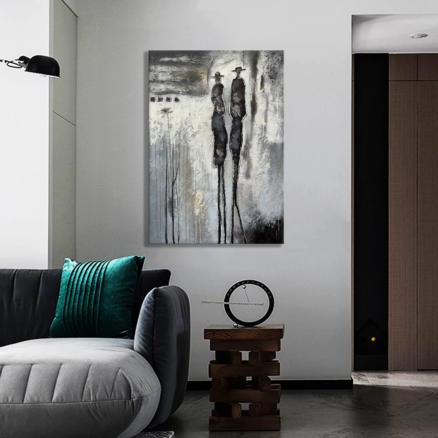 Yao or Miao Hand-Painted Dark Lover in Rain Oil Painting - 28x40 Inches Black & White Abstract Wall Art with Texture - Modern Home & Office Decor for Living Room, Bedroom, or Gallery Display