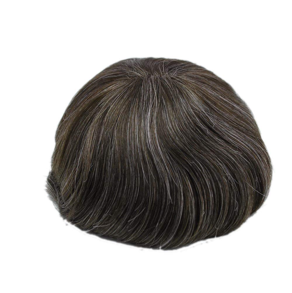 Dark Brown Mixed Grey 330 Hair Toupee for Men - Thin Skin Human Hair Replacement System - Natural Looking Hairpiece for Baldness & Thinning Hair - Perfect for Daily Wear, Work & Social Events