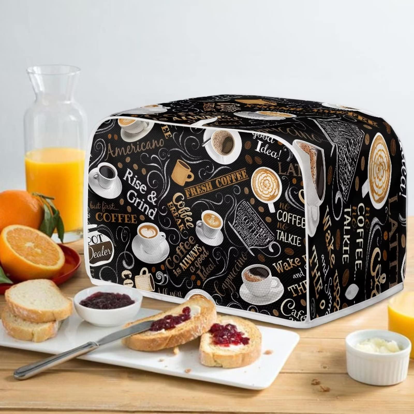 Jeiento Coffee Theme 2-Slice Long Slot Toaster Cover - Dust & Fingerprint Protection for Bread Appliances | Small Kitchen Organizer Bag for Countertop Storage & Decor