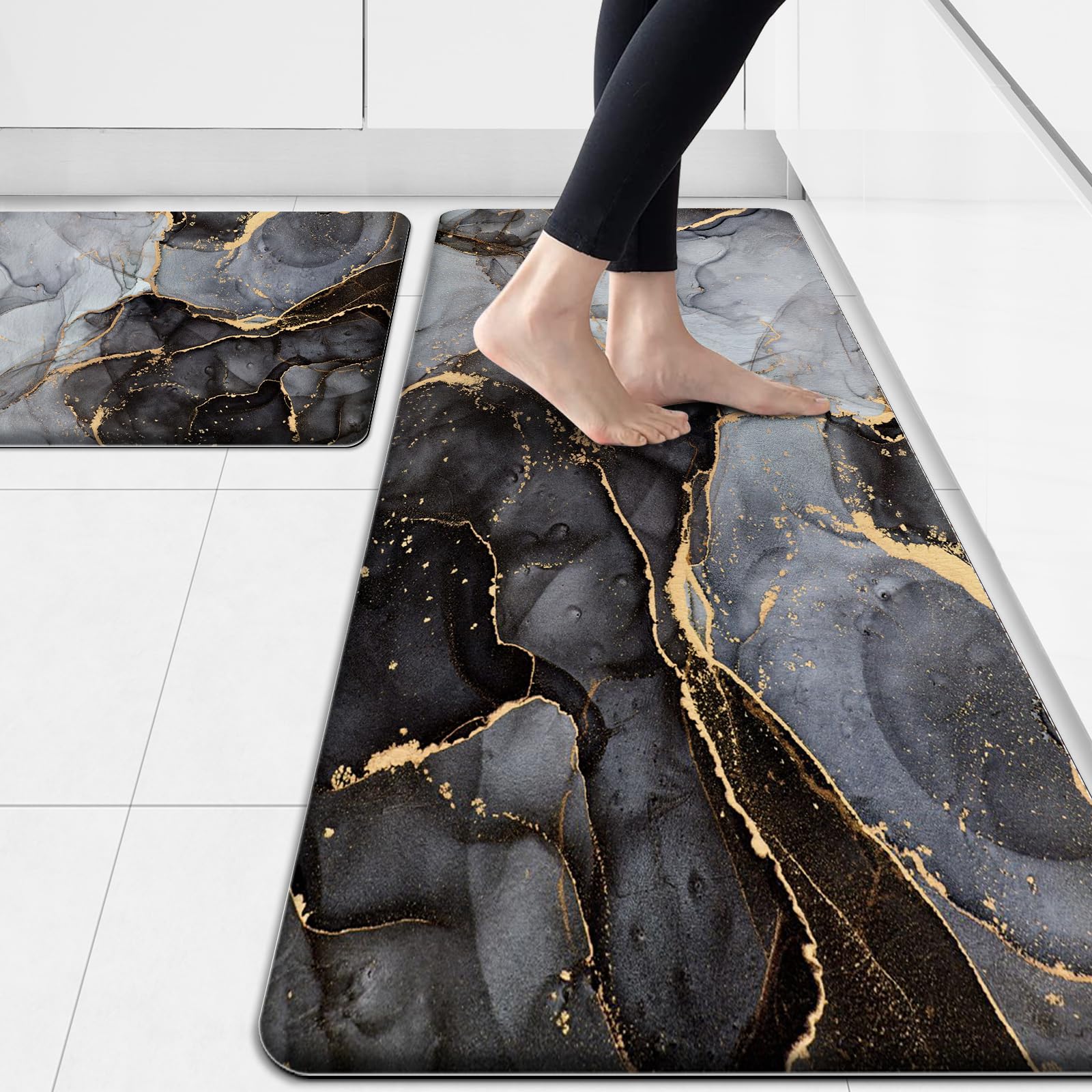 Premium Anti-Fatigue Kitchen Mat Set - 2 Pack Cushioned Memory Foam Floor Mats, Non-Slip Waterproof Kitchen Rugs in Black & Gold for Standing Comfort - Ideal for Kitchens, Laundry Rooms & Workstations