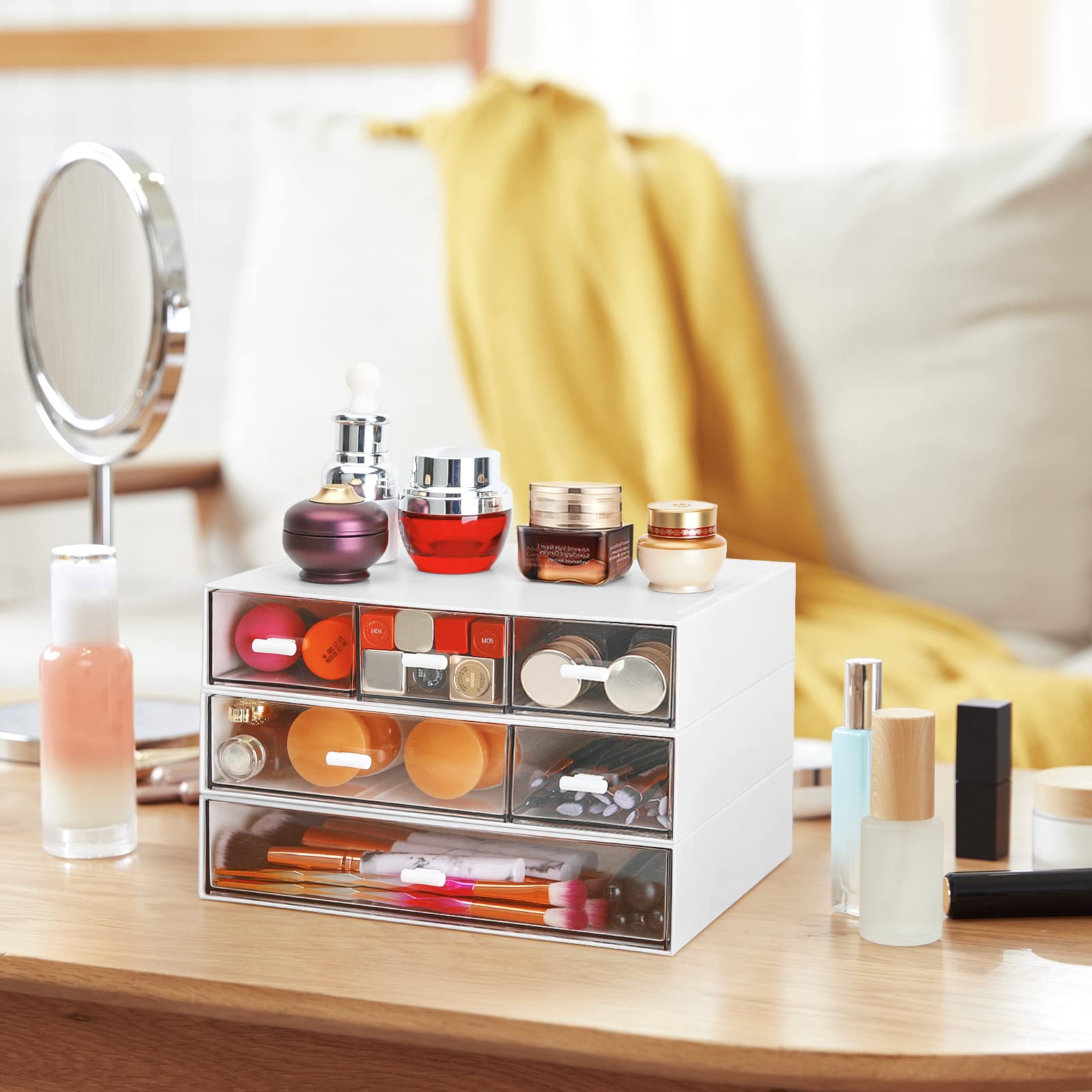 LETURE Stackable Desk Organizer - 2 Drawer Plastic Storage for Office, School & Home | Organize Pens, Pencils, Markers & Makeup Supplies | Perfect for Workspace, Study Desk & Vanity Organization (White)