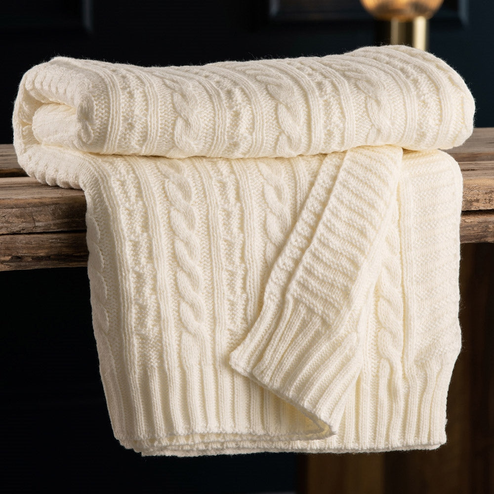 Galway Crystal Aran Knit Throw Blanket - Soft White Irish Wool Throw - Cozy Winter Blanket for Sofa, Bed & Home Decor