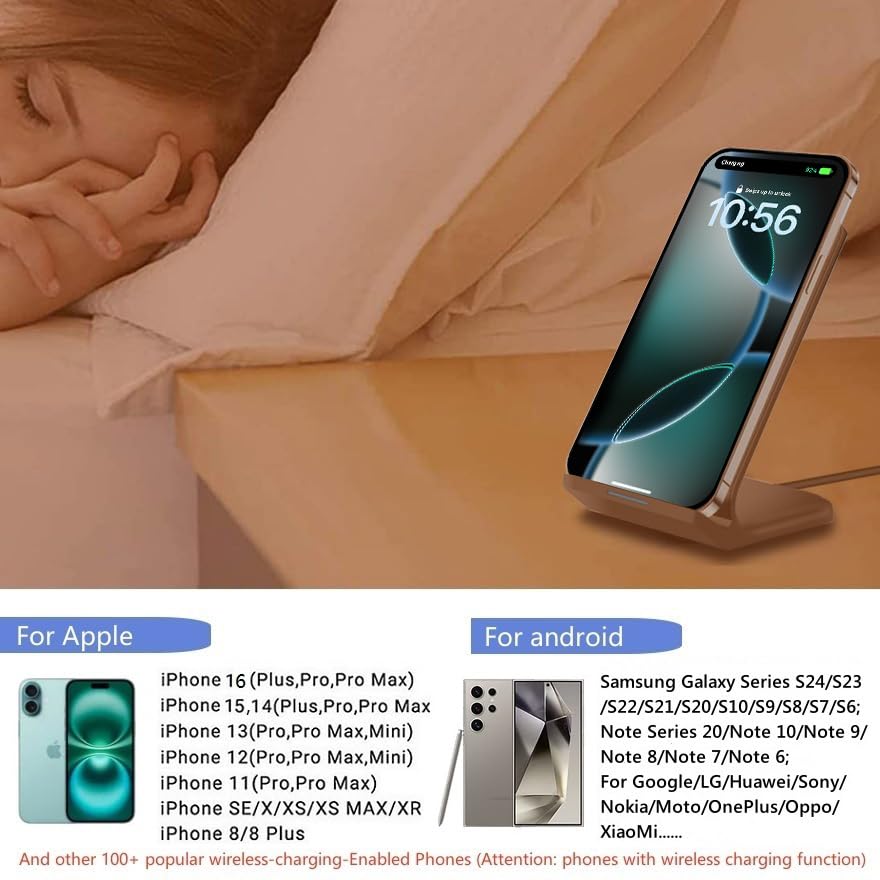 20W Fast Wireless Charging Stand - Compatible with iPhone 16/16 Pro/15/14/13/12/11/XR/XS Max, Samsung Galaxy S24/S23/S22/S21, Note 20/10/9, LG G8 & Google Pixel - Qi Certified Phone Charger for Bedside, Office & Car Use