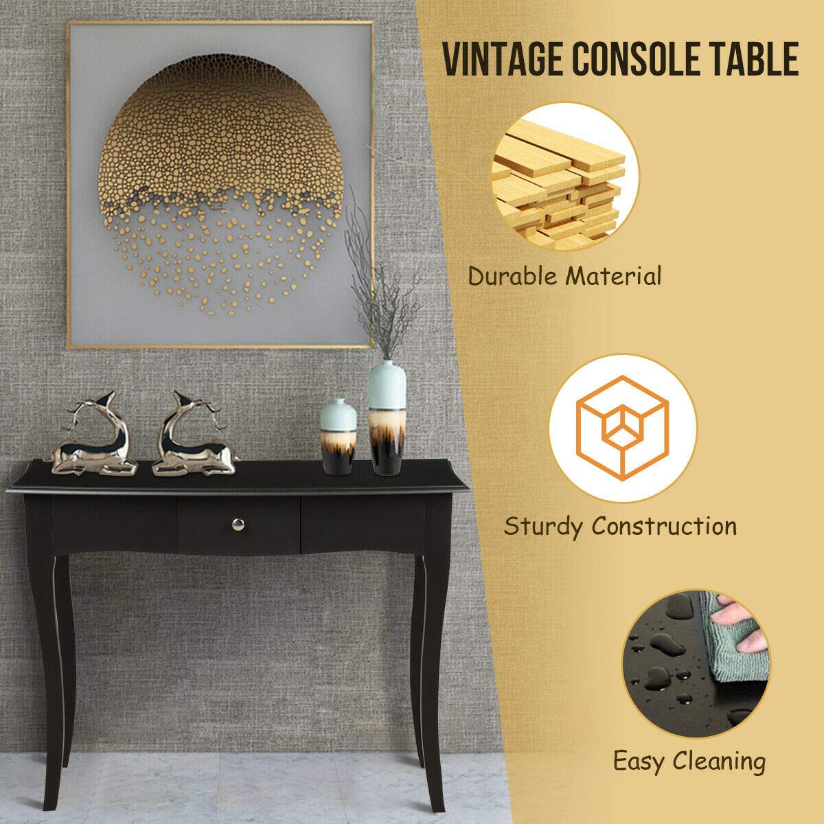 Caraya Retro Elegant Wood Console Table with Storage Drawer - Sturdy Durable Waterproof Entryway Sofa Side Table - Easy to Clean Accent Furniture for Hallway, Living Room & Home Decor