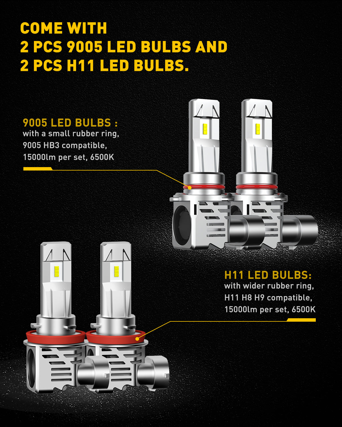 9005 H11 LED Bulbs Combo Pack of 4 - 30000LM 6500K Cool White Super Bright HB3 H8 H9 Replacement Bulbs - Includes 2 H11 & 2 9005 LED Lights - Perfect for Cars, Trucks, SUVs, Motorcycles & Off-Road Vehicles
