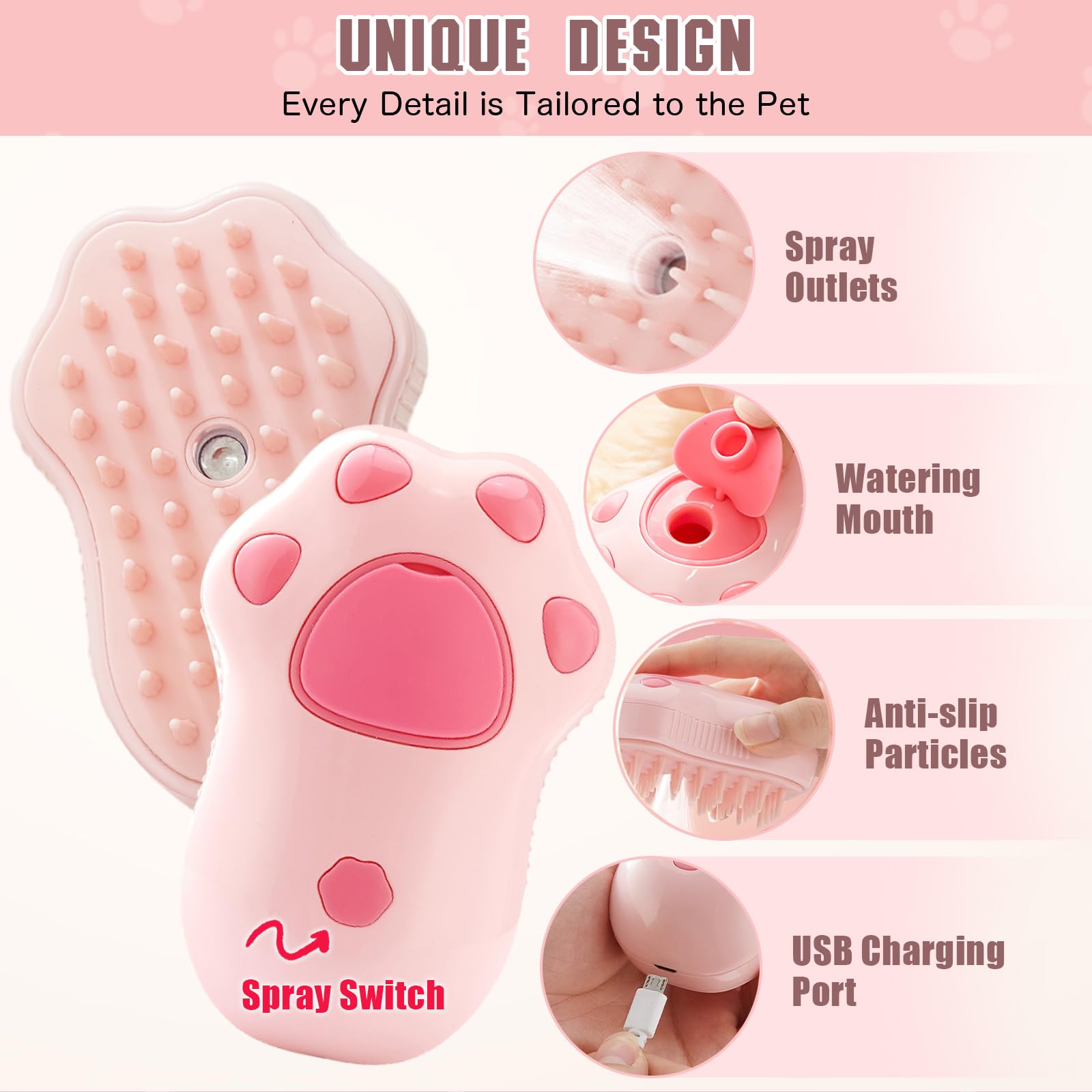 3-in-1 Electric Cat Grooming Brush with Steam - Self-Cleaning Silicone Pet Hair Brush for Massage, Shedding Control & Loose Hair Removal | Perfect for Daily Cat Care & Spa Grooming Sessions at Home
