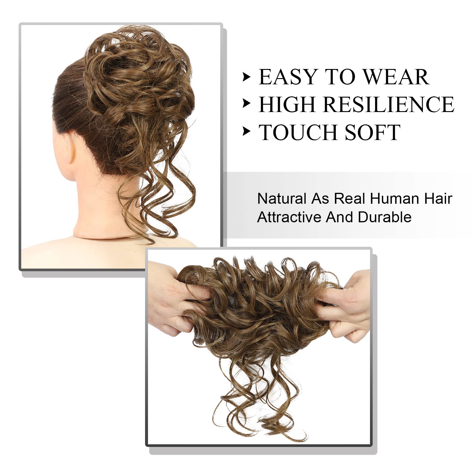 Earfodo Messy Bun Hair Extension for Women - Synthetic Hair Bun Ponytail Piece in Medium Golden Brown (8/27#) - Perfect for Daily Wear, Work, and Casual Outfits