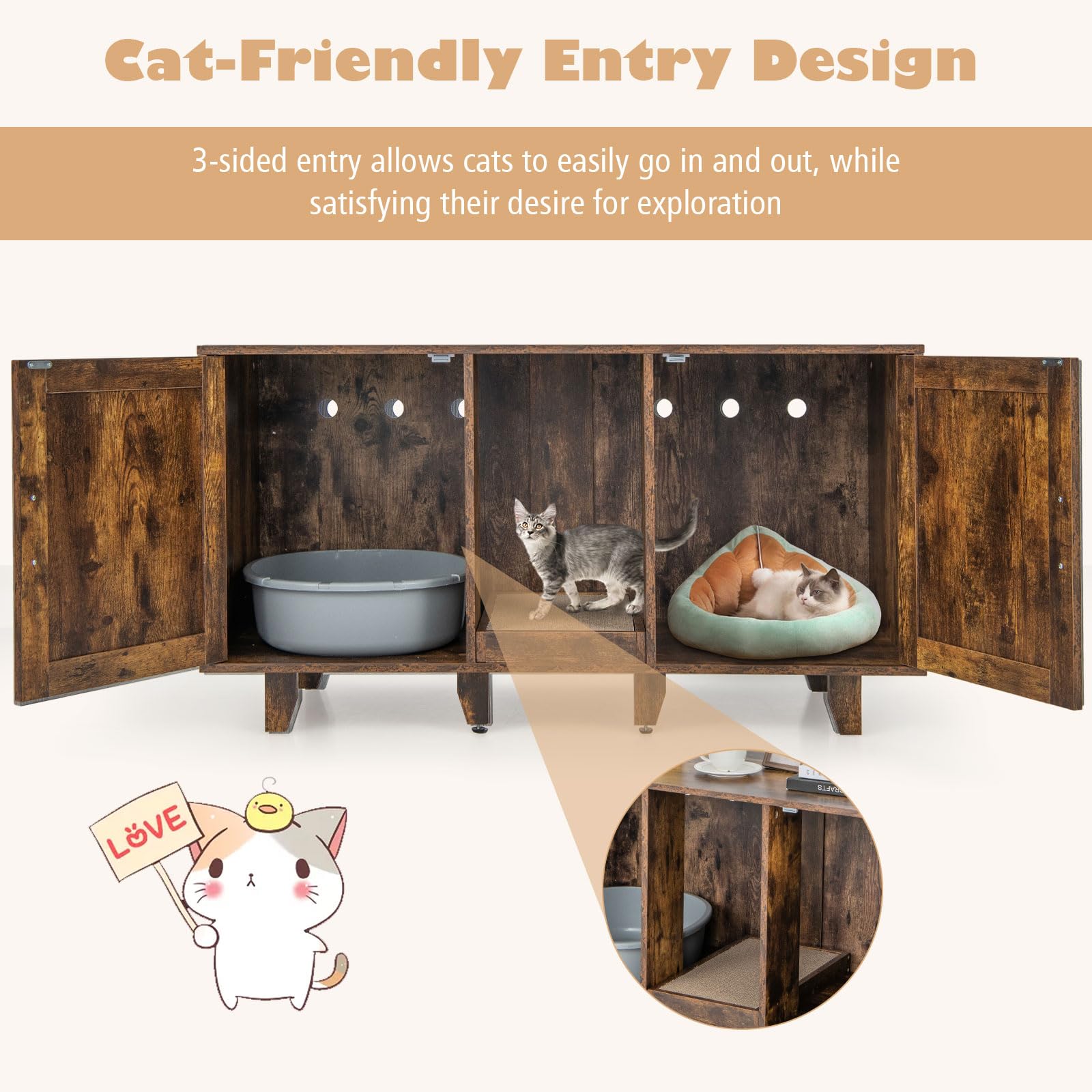 Tangkula Double Cat Litter Box Enclosure for 2 Cats - Large Stackable Hidden Litter Box Cabinet with Scratching Board - Rustic Brown Cat Furniture for Indoor Use | Perfect for Living Room, Bedroom or Home Office Concealment