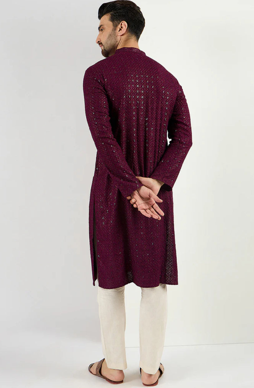 Men's Chikankari Kurta in Deep Maroon - Traditional Indian Embroidered Tunic for Casual Wear & Festive Occasions