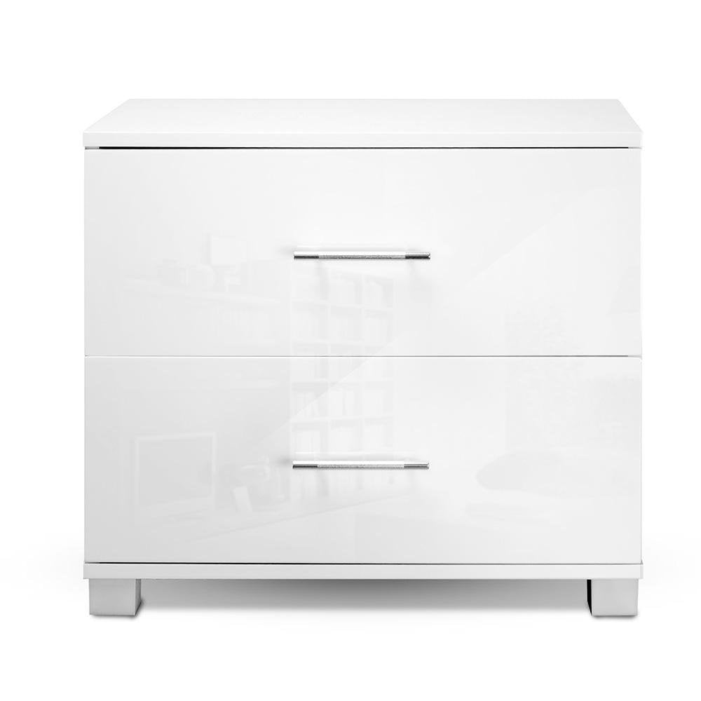 Modern White High Gloss Bedside Table with 2 Drawers - Nightstand for Bedroom, Living Room, or Office - Compact Storage Furniture with Smooth Finish