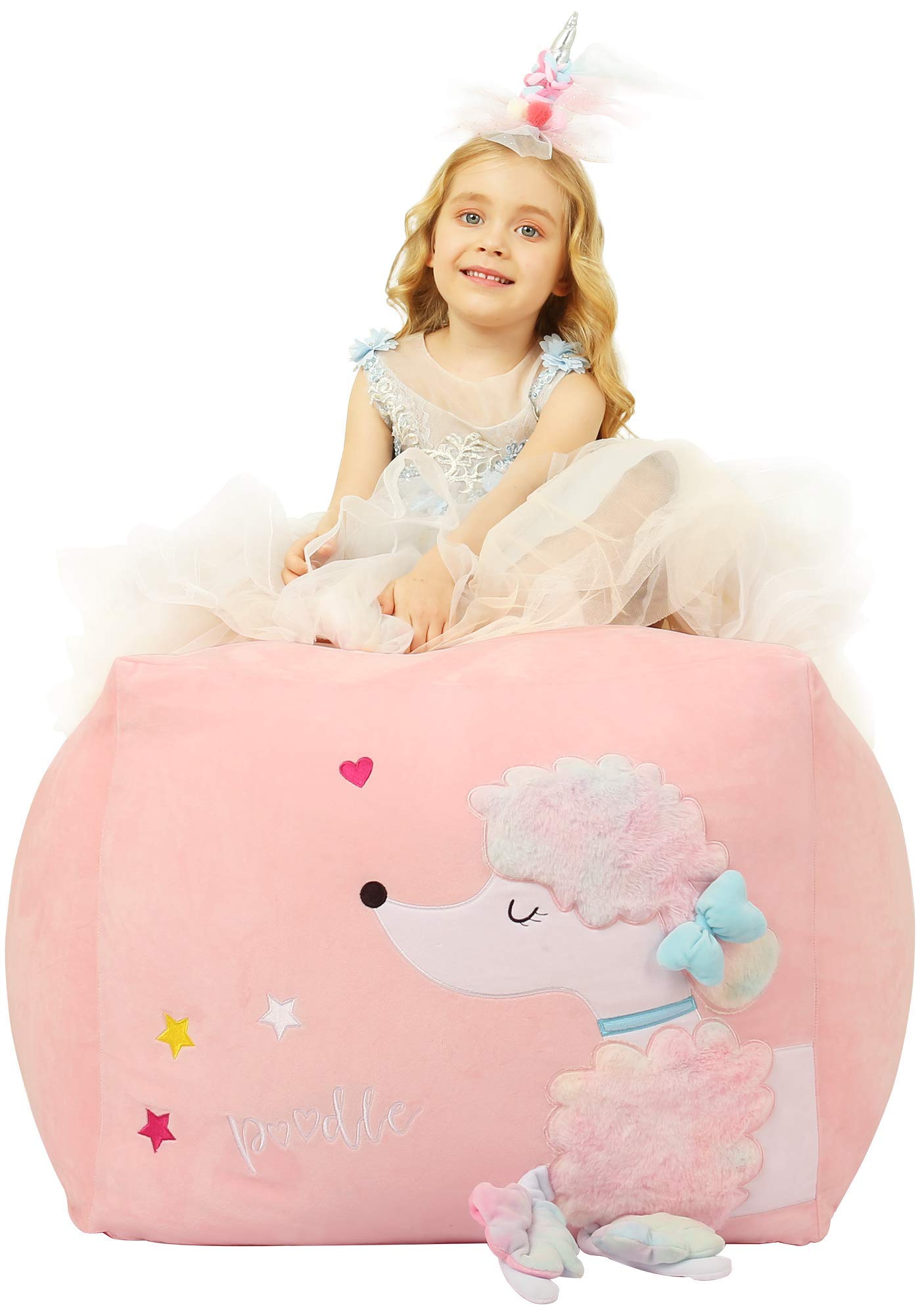 Pink Velvet Kids Bean Bag Chair Cover - Extra Large Soft Poodle Toy Storage Organizer for Girls Bedroom | Perfect for Playrooms, Dorm Rooms & Cozy Reading Nooks