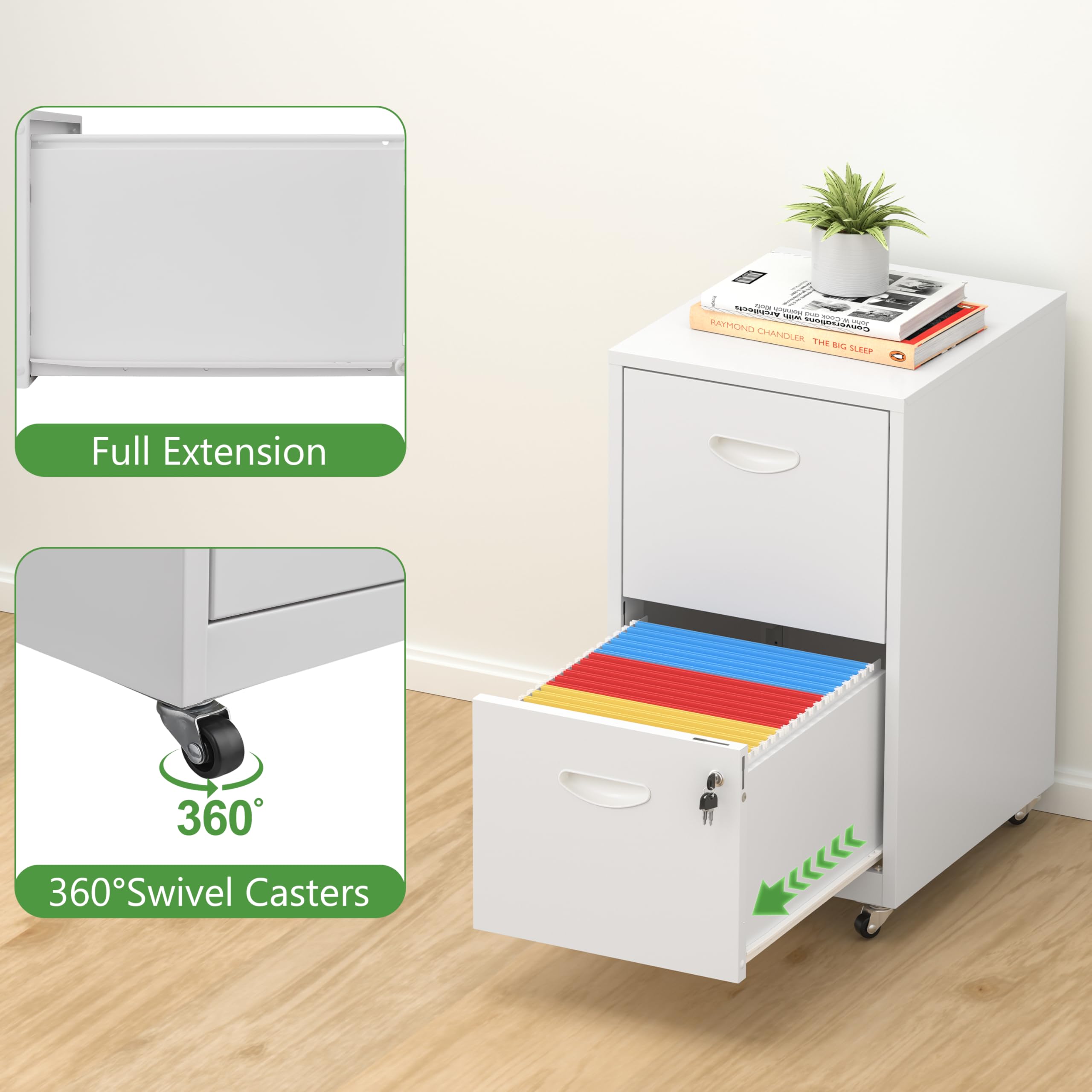 2-Drawer Rolling File Cabinet with Lock - Mobile Under Desk Storage for Home Office, Black File Organizer with Wheels Fits Letter/A4 Size - Perfect for Printer Stand, Document Organization & Small Space Storage (Assembly Required)