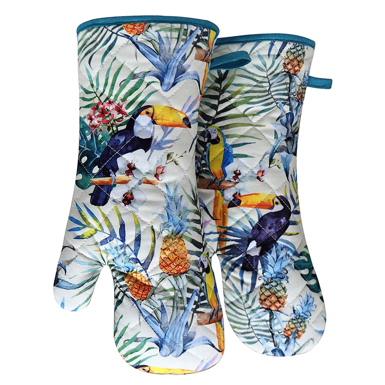 Heat Resistant Oven Mitts Gloves - 480℉ Kitchen Mittens for Cooking & Baking - 100% Cotton with Comfortable Lining - Microwave & Pot Holder Safe - Digital Printed Bird Flower Design - Perfect for Home Kitchen, BBQ, Baking, and Food Preparation