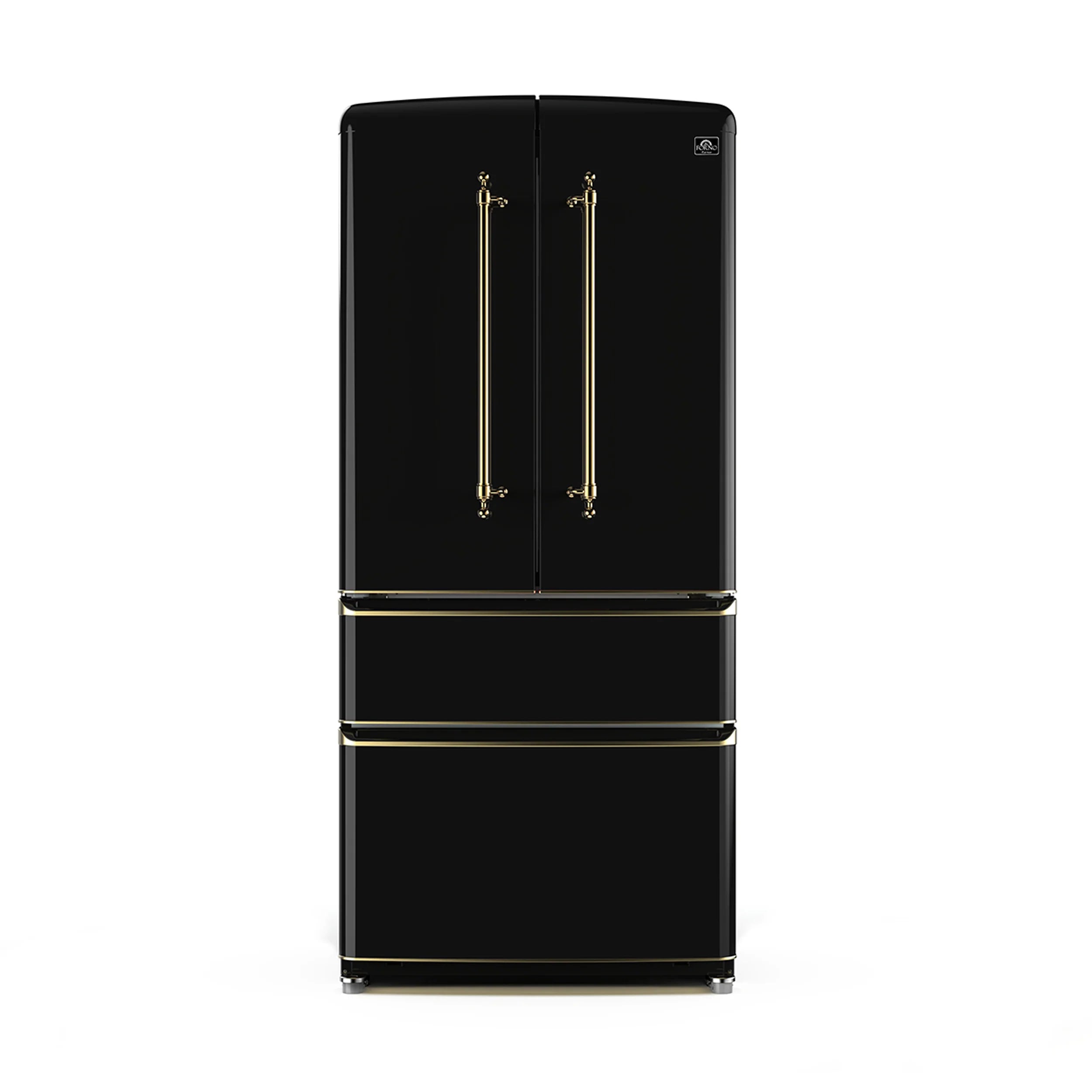 Forno Luigi 33 Inch French Door Refrigerator in Black with Antique Brass Finish - Model FFFFD1791 33BLK | Perfect for Modern Kitchens & Open-Concept Living Spaces