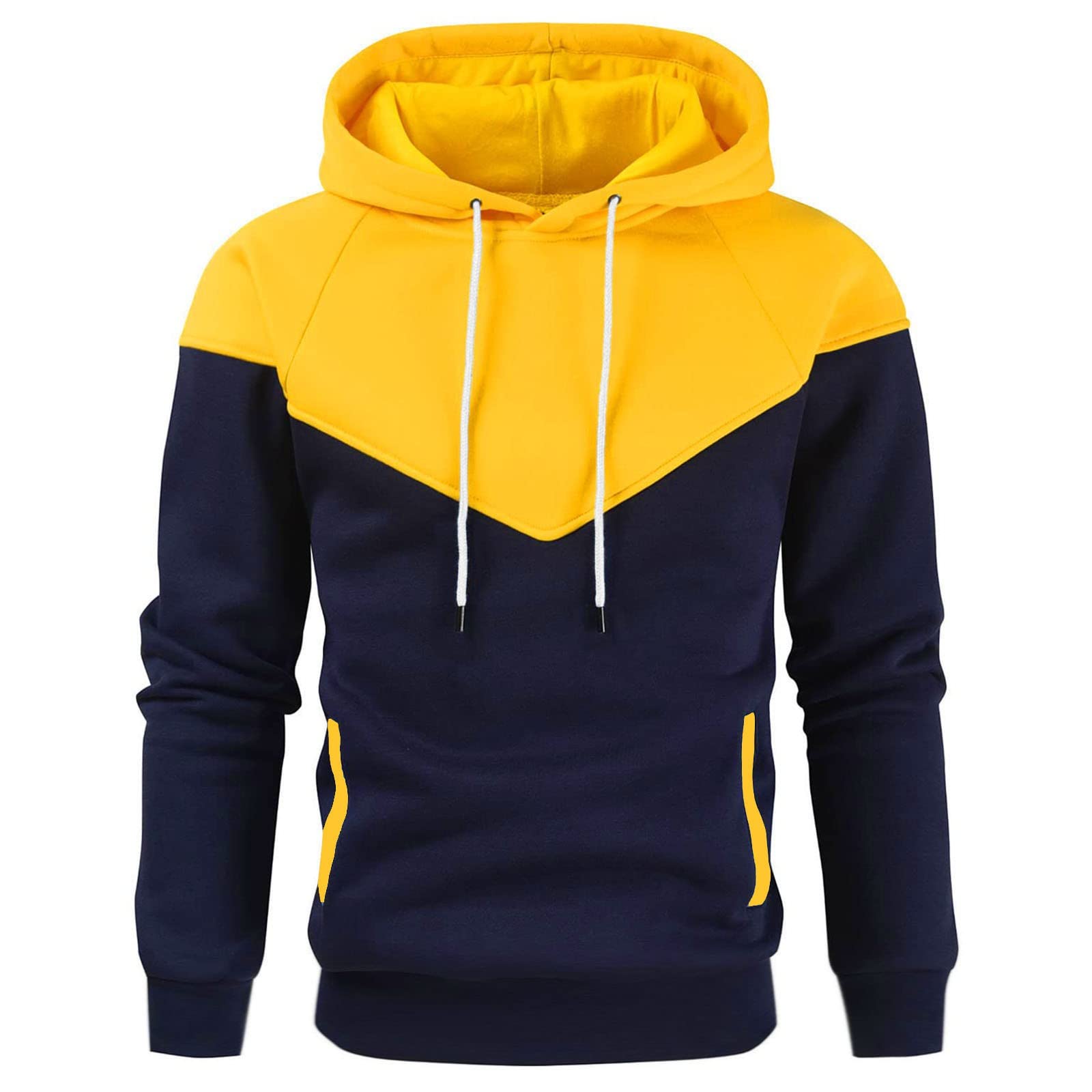 Men's Fashion Patchwork Fleece Hooded Sweater with Pockets - Warm Winter Casual Hoodie for Outdoor Activities & Streetwear Style