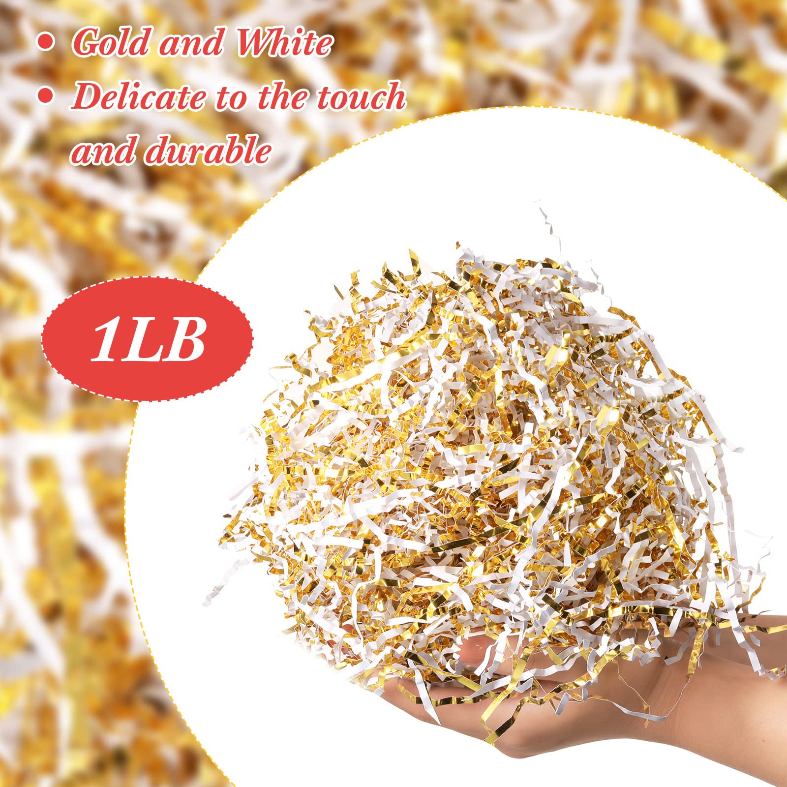 Outus 1LB Crinkle Cut Paper Shred - Gold & White Metallic Gift Box Filler, Easter Grass, Shredded Tissue Paper for Wedding, Birthday, Party Decorations & Gift Wrapping Bags - Perfect for DIY Crafts, Scrapbooking & Holiday Packaging