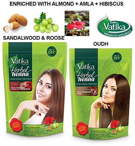 Vatika Natural Herbal Henna Hair Dye Powder - 200g with Oud Sandalwood & Rose for Deep Conditioning & Color - Safe Chemical-Free Hair Treatment for Gray Coverage & Shine - Perfect for Home Hair Coloring & Ayurvedic Hair Care