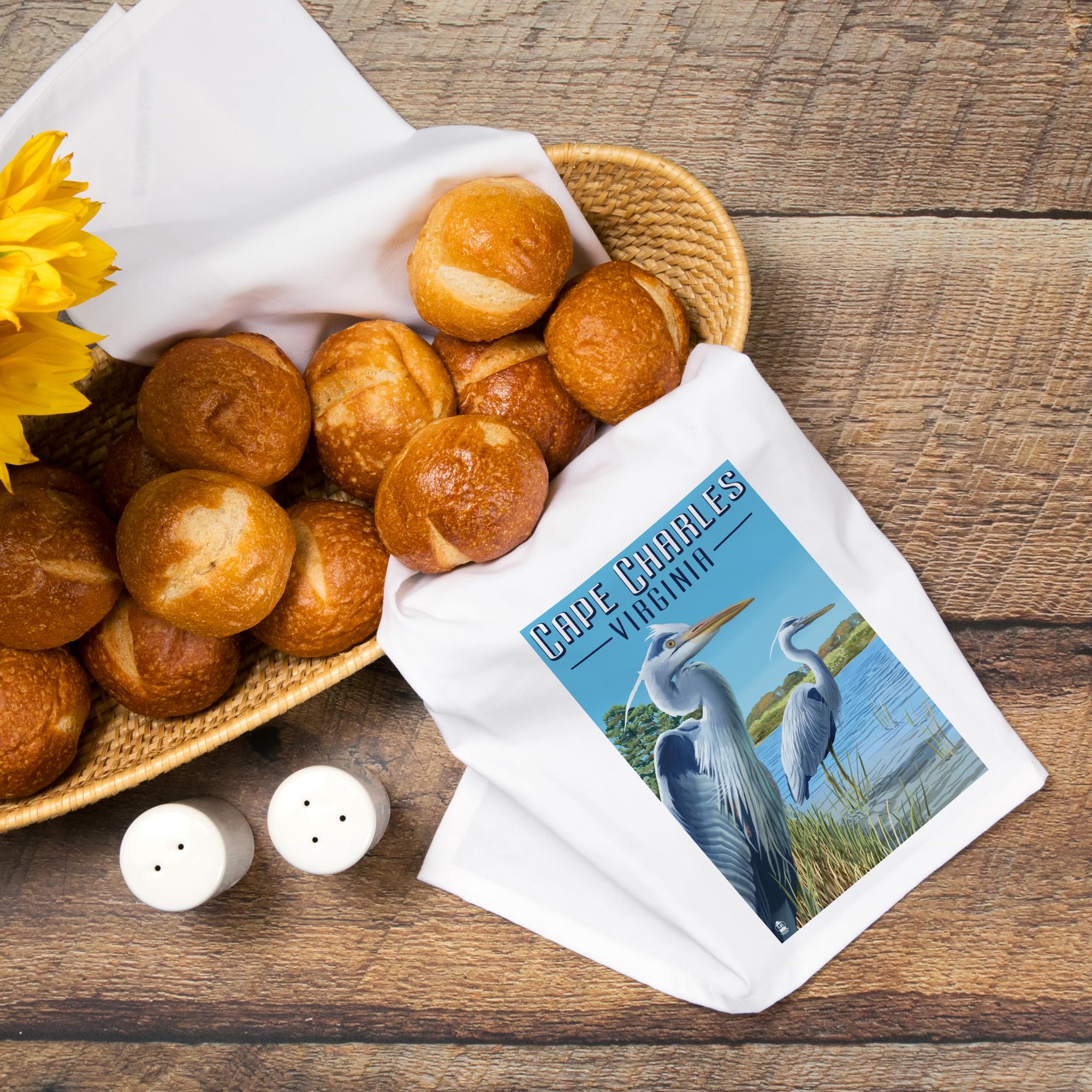 Lantern Press Cape Charles Virginia Blue Heron Tea Towel - 100% Cotton Decorative Hand Towel for Kitchen & Home - Perfect for Dish Drying, Gift Giving & Coastal Decor