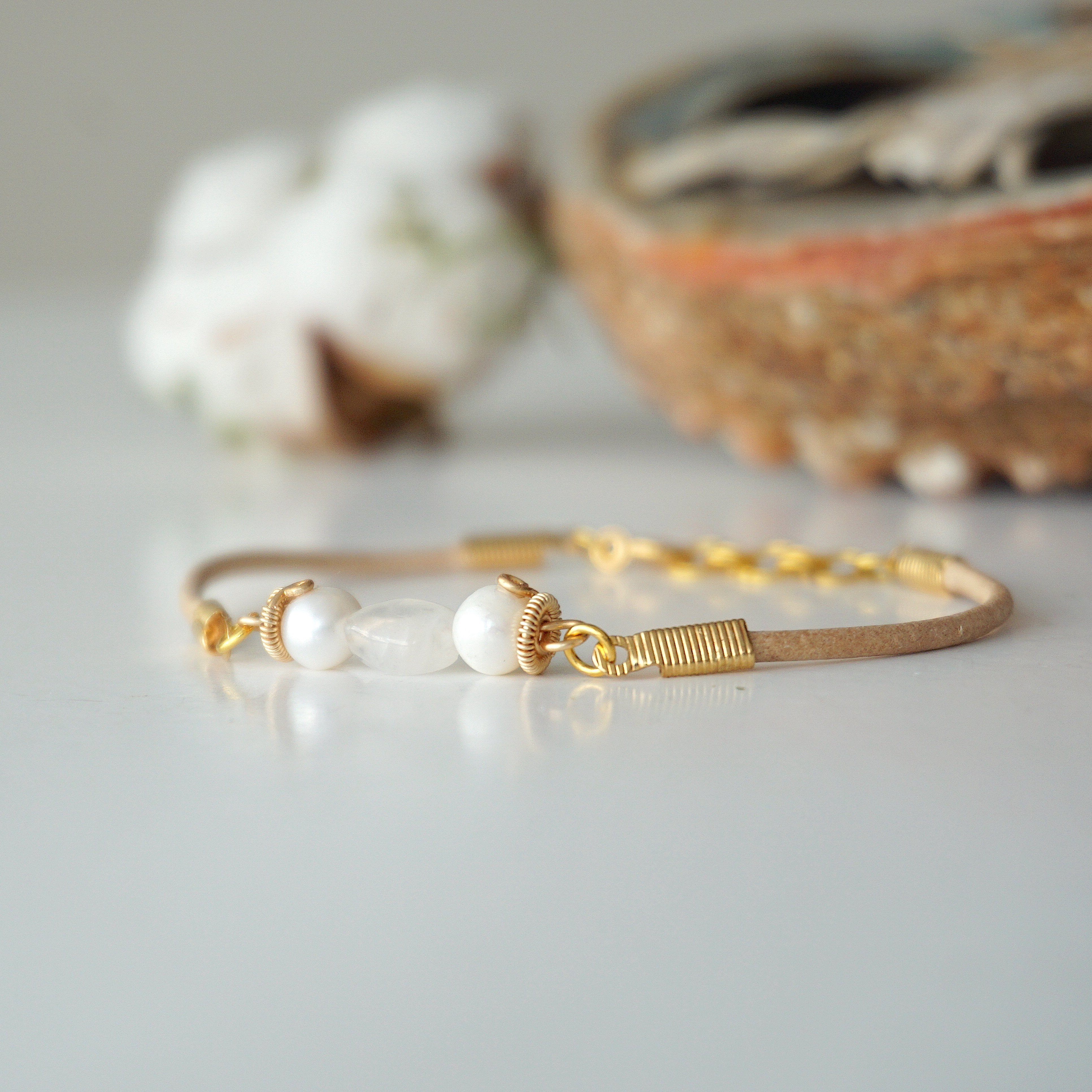 Pearl and Moonstone Bracelet - Gold Plated Tan Leather Jewelry for Women | Boho Chic, Wedding, Party & Everyday Wear