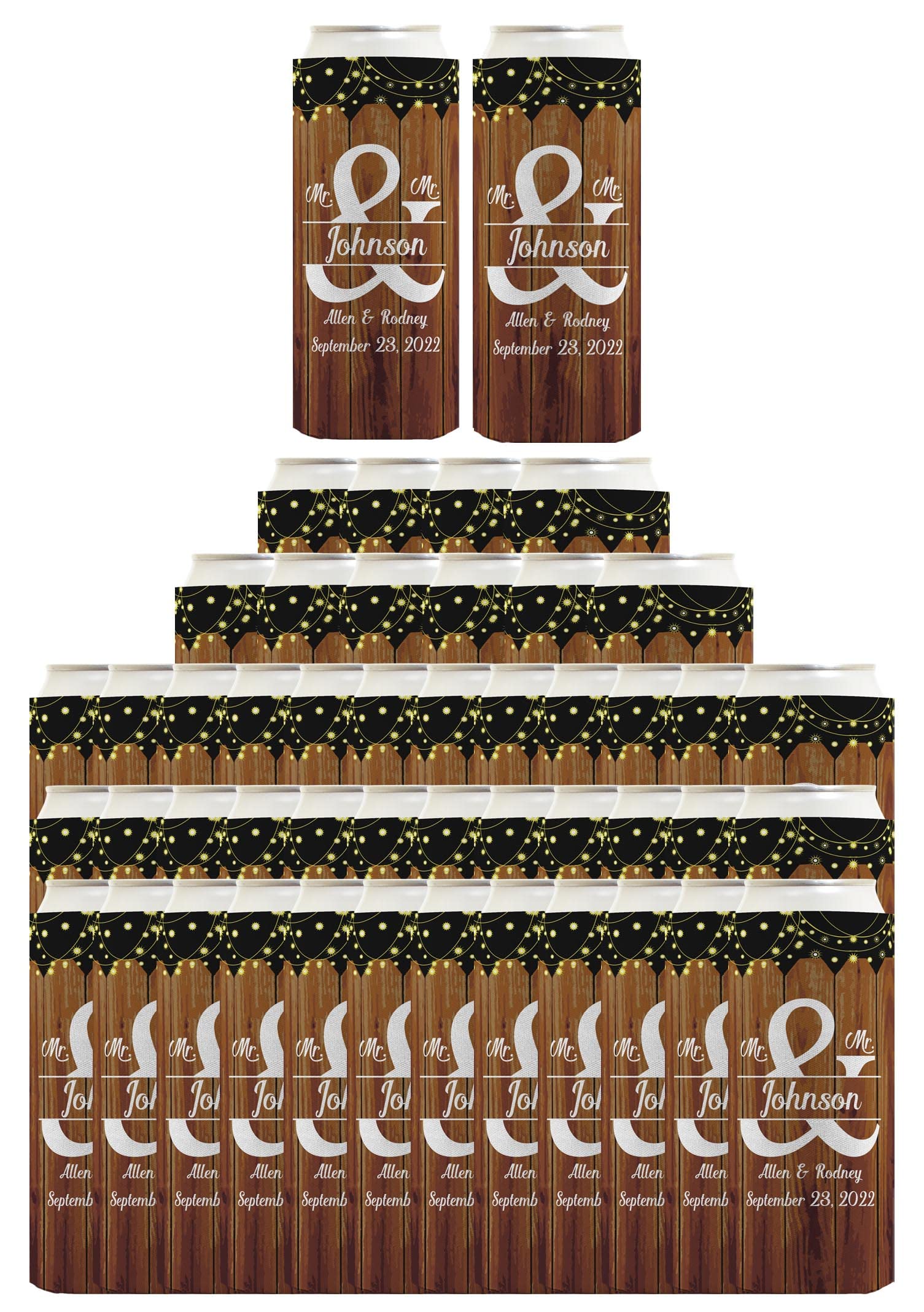 Personalized Mr & Mr Gay Wedding Seltzer Can Coolies - 48-Pack Ultra Slim Customizable Beer Koozies with Names & Date - Perfect for LGBTQ+ Weddings, Bachelorette Parties & Pride Celebrations