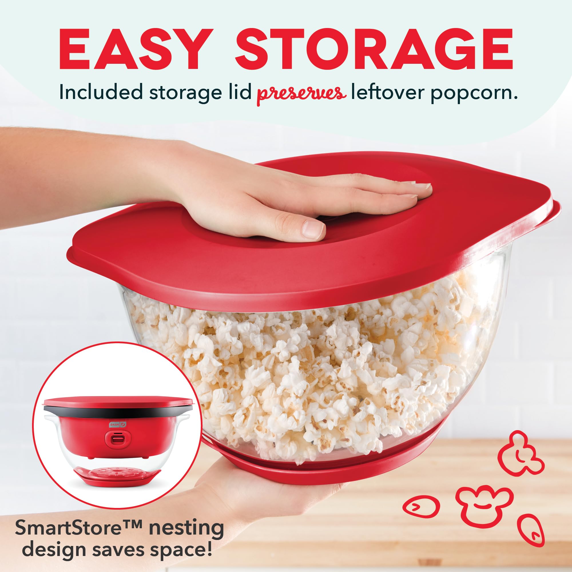 DASH SmartStore™ Deluxe Electric Popcorn Maker with Stirring Mechanism - Hot Oil Popcorn Machine with Large Serving Bowl Lid (24 Cup Capacity, Red) - Perfect for Movie Nights, Parties, and Family Snack Time