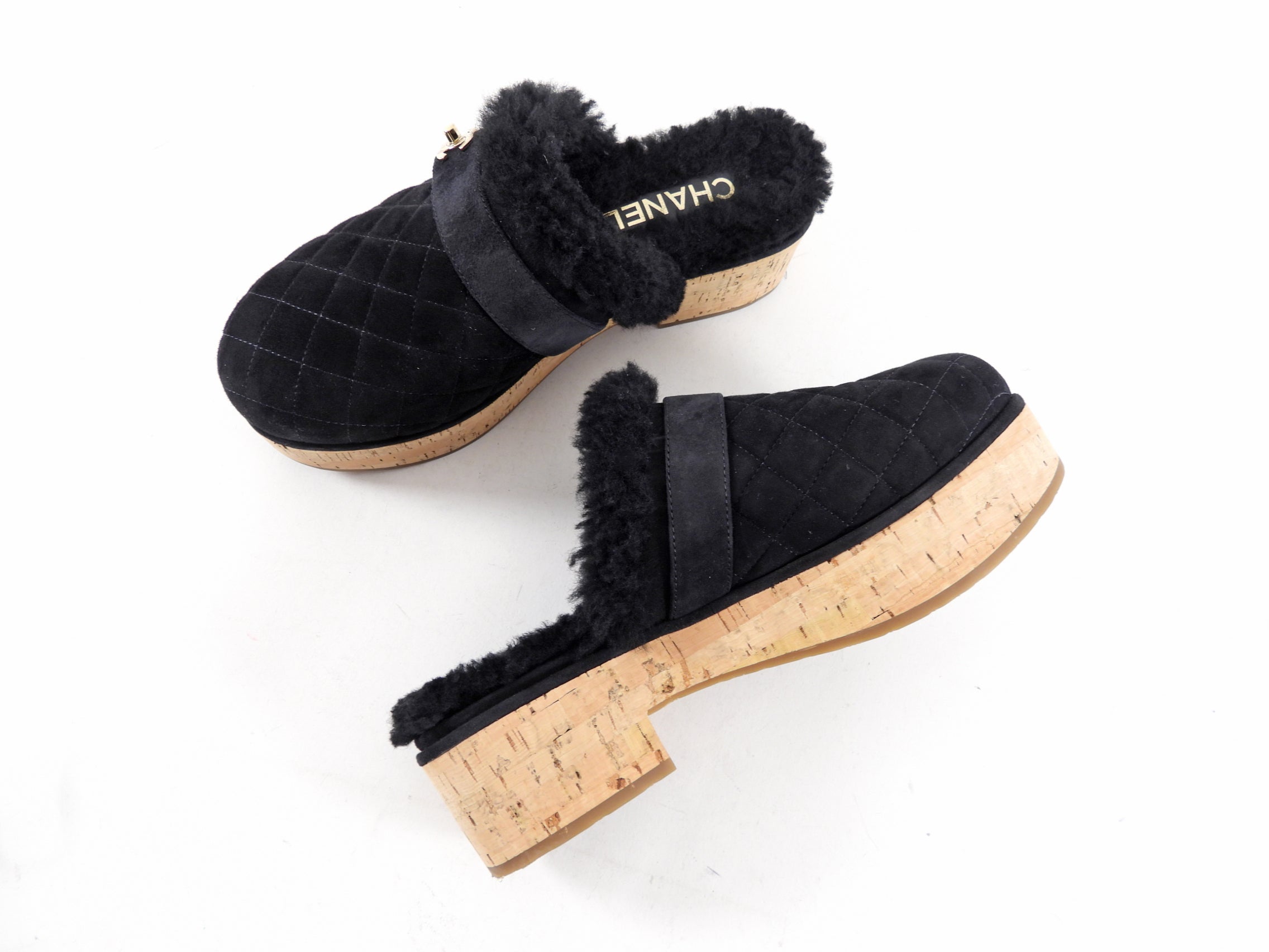 Chanel 21A Black Shearling CC Turn Clasp Quilted Cork Mules Size 37 - Luxury Designer Slides for Women | Perfect for Casual Outings, Date Nights & Fashionable Comfort