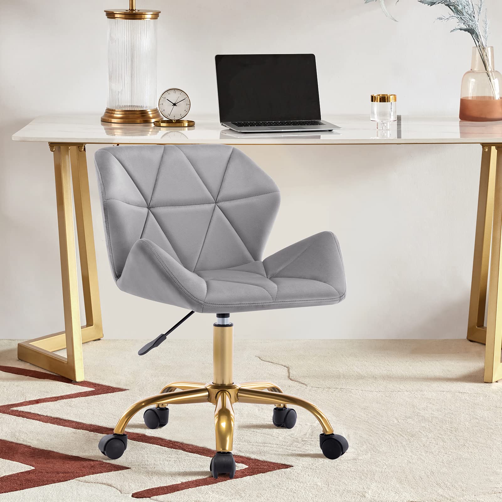 DUHOME Velvet Swivel Desk Chair - Armless Hydraulic Rolling Office Chair with Backrest & Golden Base for Women, Teens, Girls - Grey Home Office Furniture for Study, Work, Gaming & Relaxation