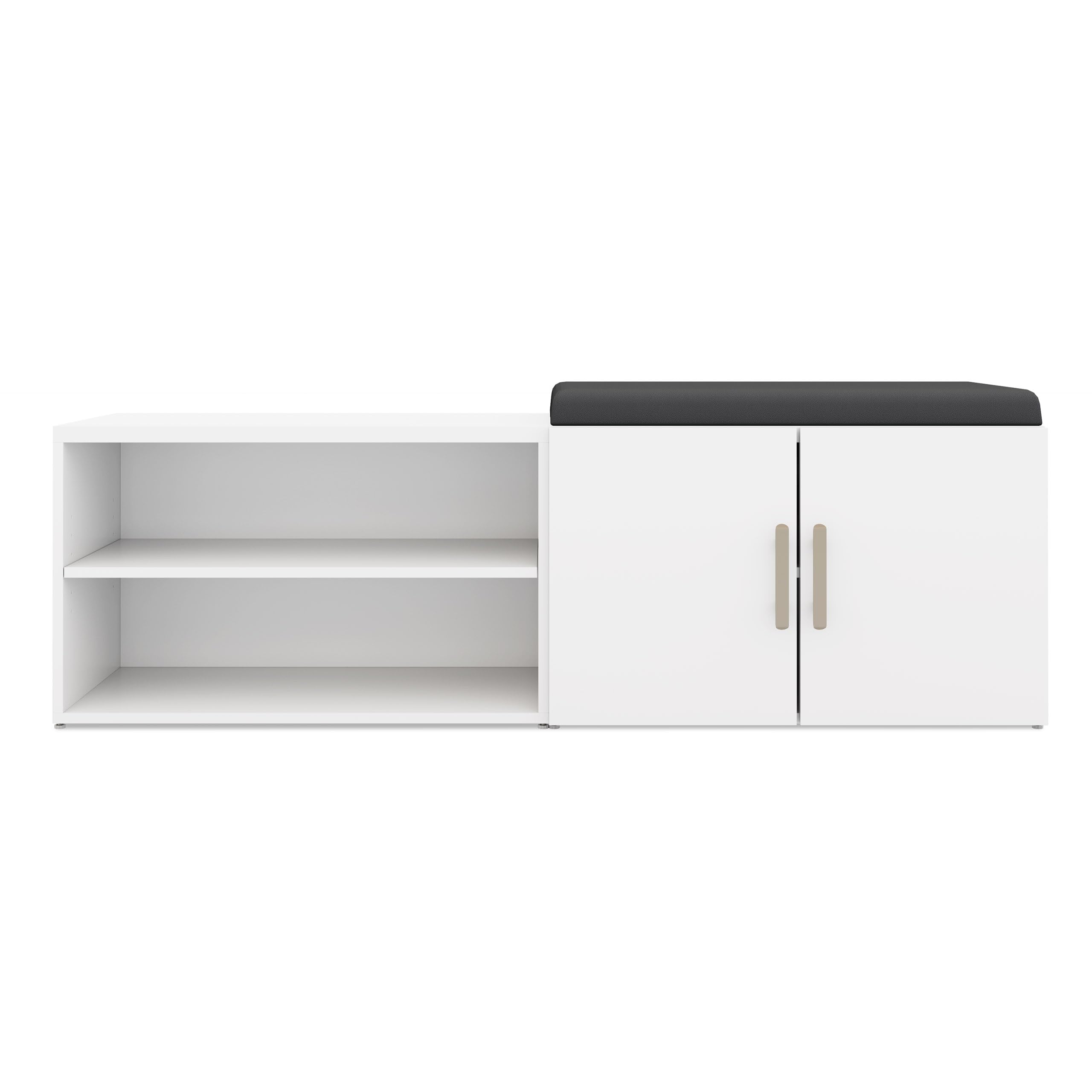 Uplift Desk MoPac Credenza - White with Brushed Nickel Handles, White Base & Gray Cushion | Modern Home Office Storage Solution for Files, Supplies & Electronics Organization