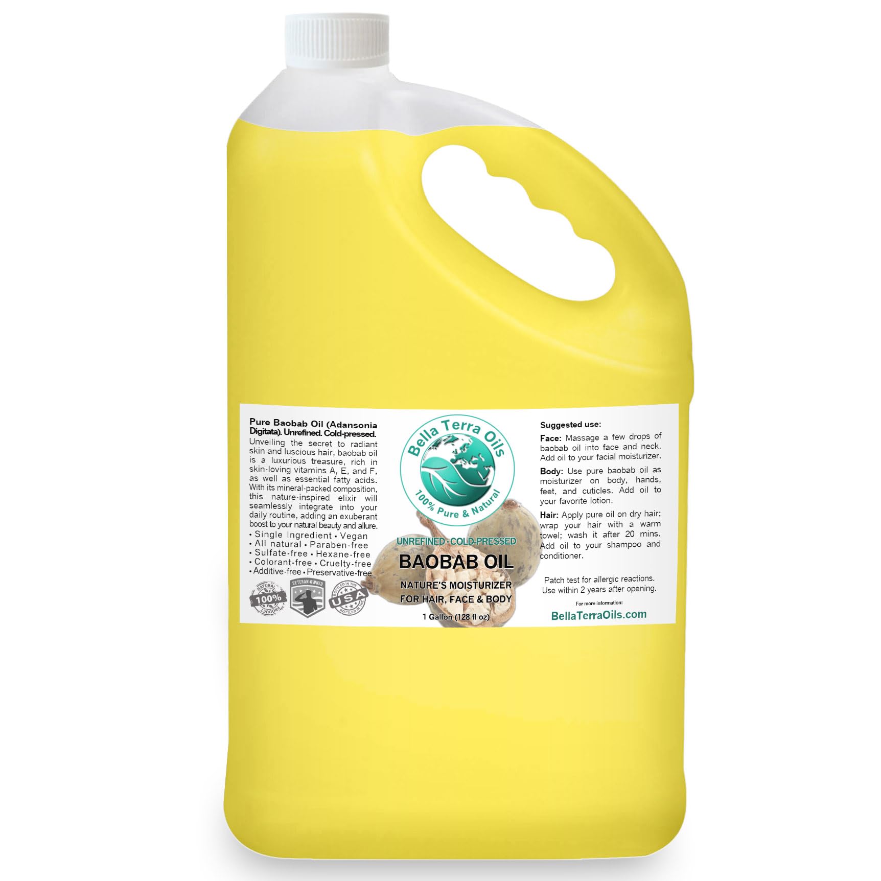 Pure Baobab Oil for Hair & Skin – 1 Gallon Fast Absorbing, Hydrating & Nourishing – Promotes Radiant Glow – Ideal for Dry Scalp, Split Ends, Dull Skin & Massage Therapy – Bella Terra Oils