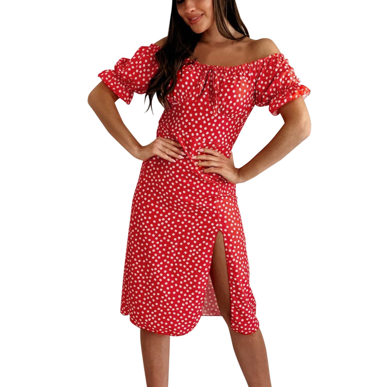 Boho Off Shoulder Short Sleeve Summer Dress for Women - Floral Print Cotton Plus Size Maxi Dress with Side Slit | Perfect for Beach Vacation, Music Festival & Casual Outings