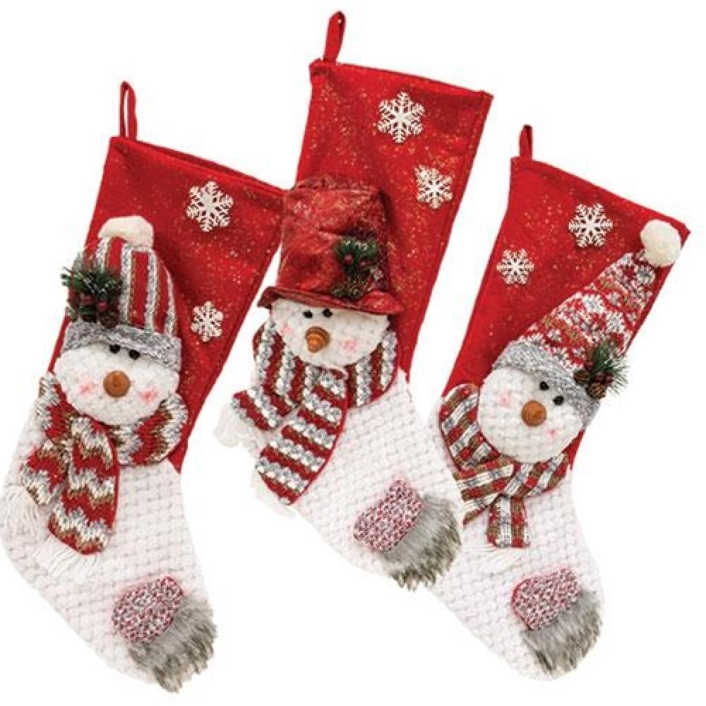 Soft Plush Snowman Christmas Stocking - Set of 3 Assorted Holiday Decorations for Fireplace Mantel, Tree Decor & Gift Giving