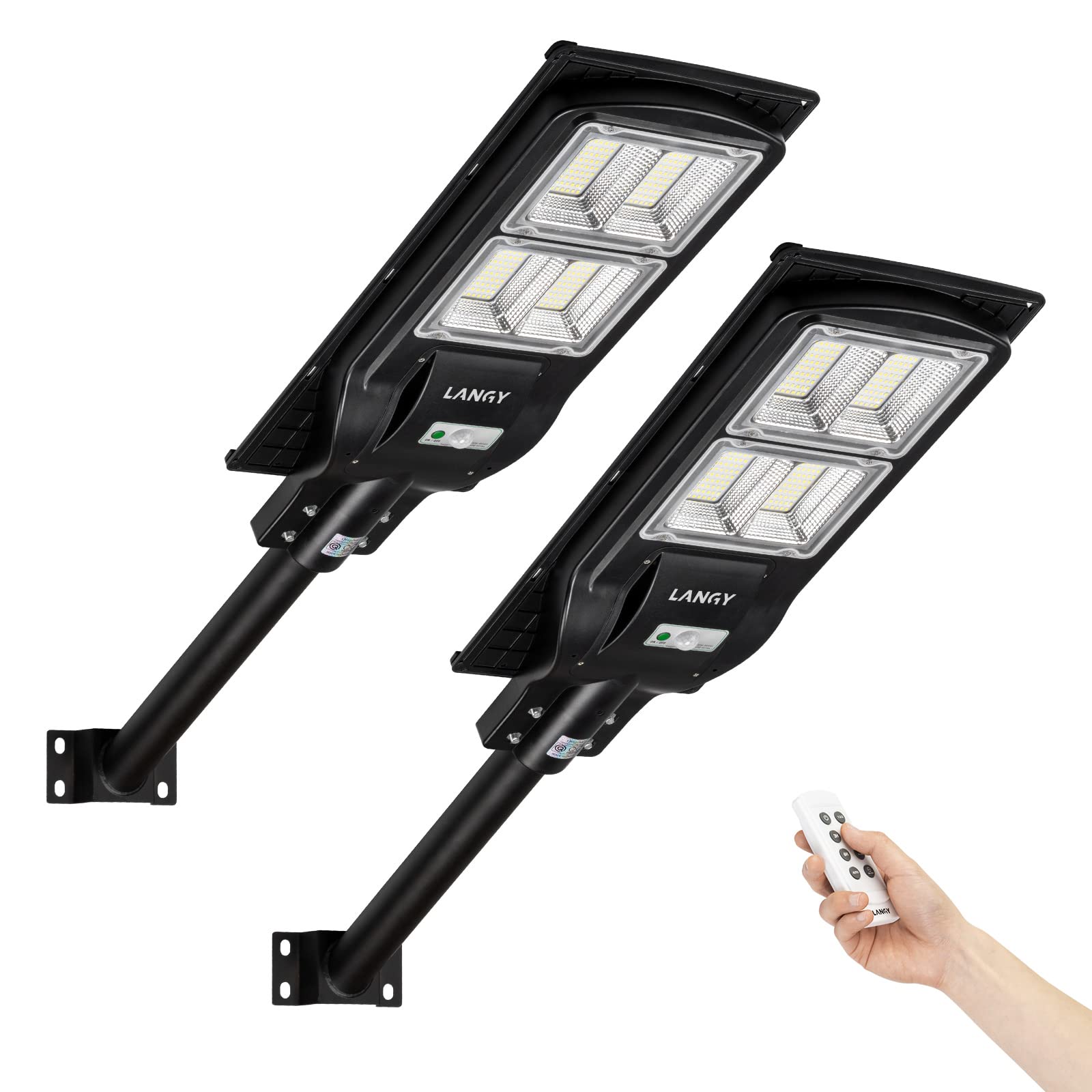 LANGY Solar Street Lights 2 Pack - 12000LM High Brightness Outdoor Solar Powered LED Lights for Garden, Pathway, Yard, and Driveway Lighting