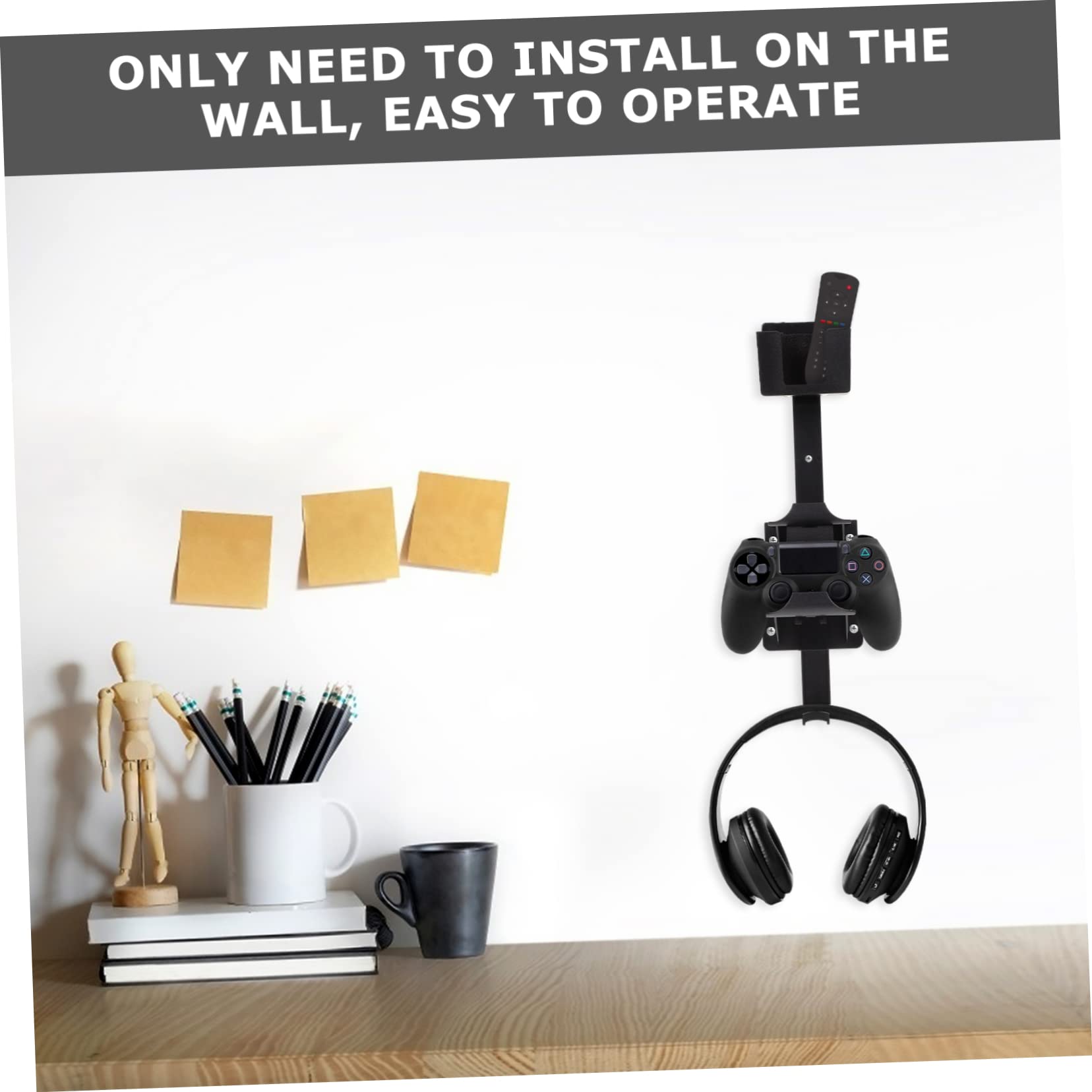 VOSAREA Universal Headset Stand - Wall Mount Gaming Headphone Holder with Remote Controller Rack - Black - Easy Installation for Home Office & Gaming Setup