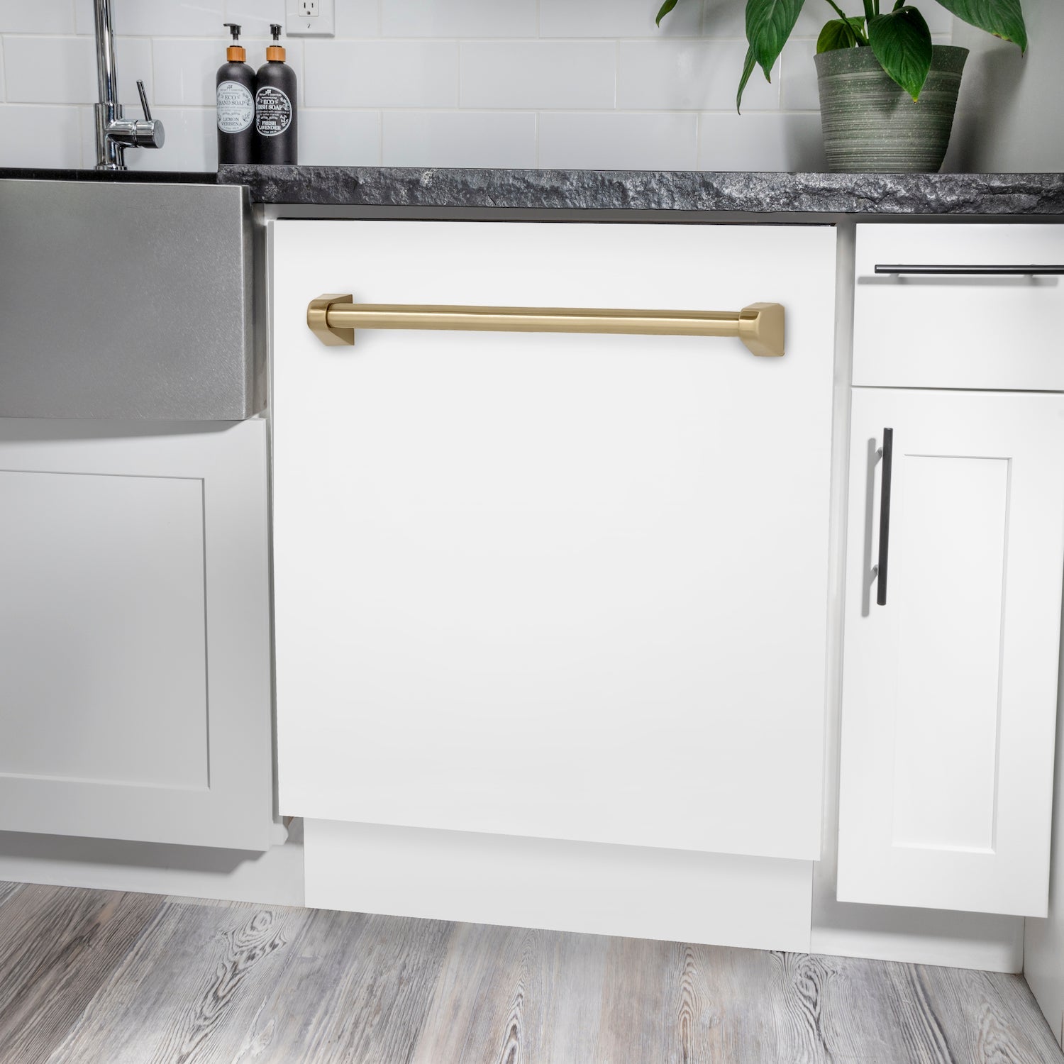 ZLINE Autograph Edition 24 Inch 3rd Rack Top Control Tall Tub Dishwasher - White Matte Finish with Champagne Bronze Handle, 51dBA Quiet Operation (DWVZ WM 24 CB) - Perfect for Modern Kitchens and Open Concept Homes