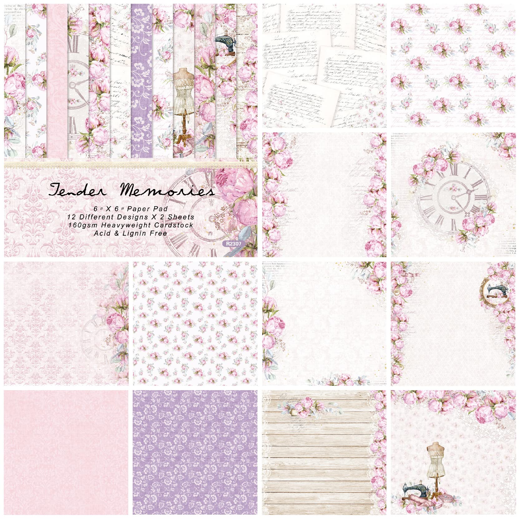 6x6 Inch Floral Scrapbook Paper - 48 Sheets Peony Flower Pattern Cardstock, 12 Spring Designs, Single-Sided Specialty Craft Paper for DIY Cards, Albums & Home Decor