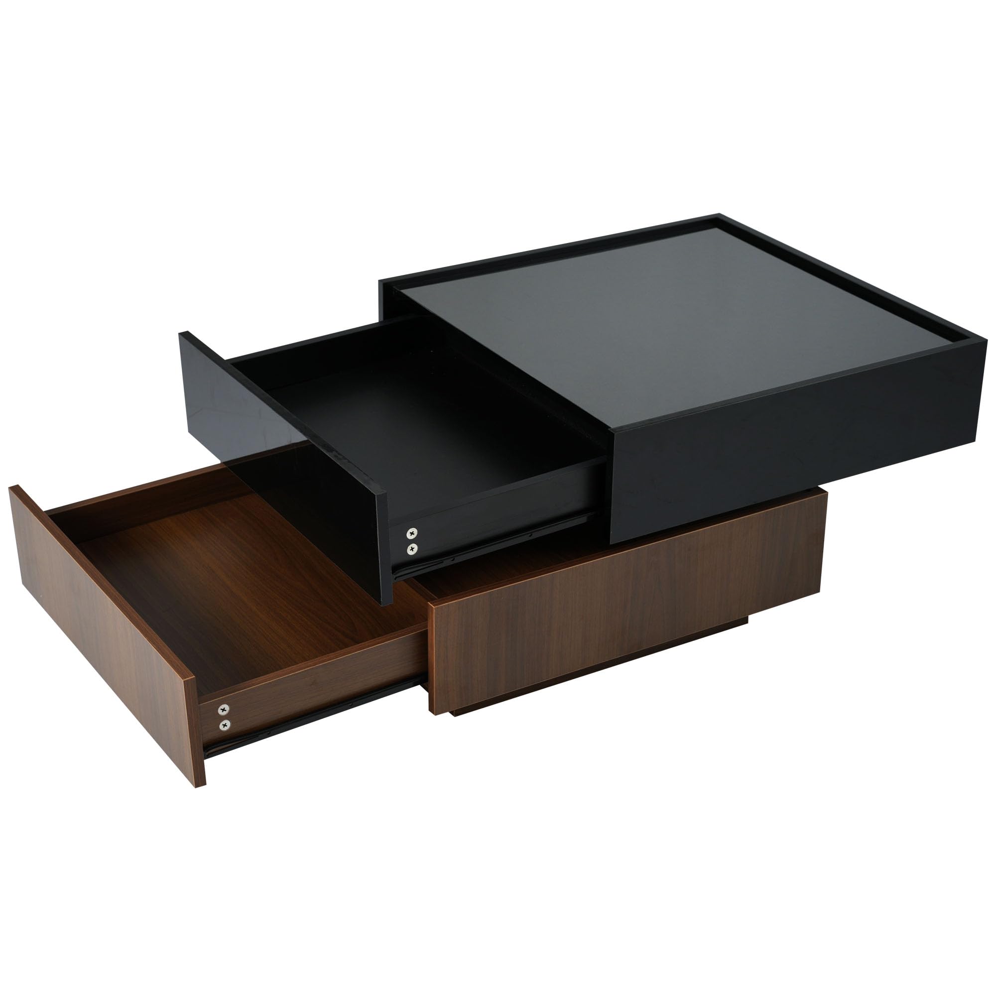 360° Rotating Modern Coffee Table with 2 Storage Drawers - High Gloss 2-Tier Square Center Table & Side Table for Living Room - Black & Walnut Finish - Perfect for Small Spaces & Home Decor
