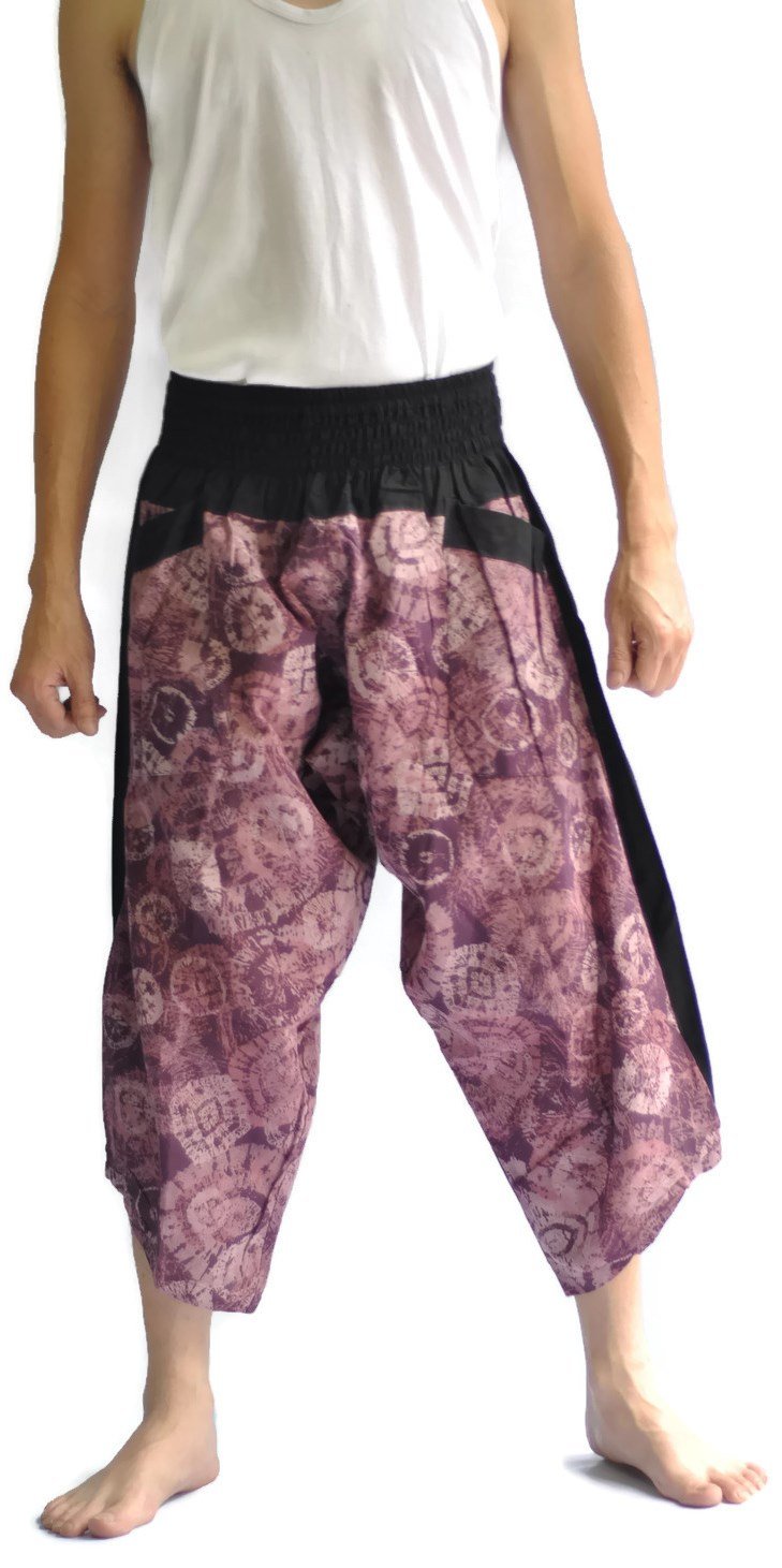 Thai Fisherman Pants - Black & Violet Floral Design, Comfortable Cotton Harem Pants for Yoga, Meditation, Beach & Boho Fashion